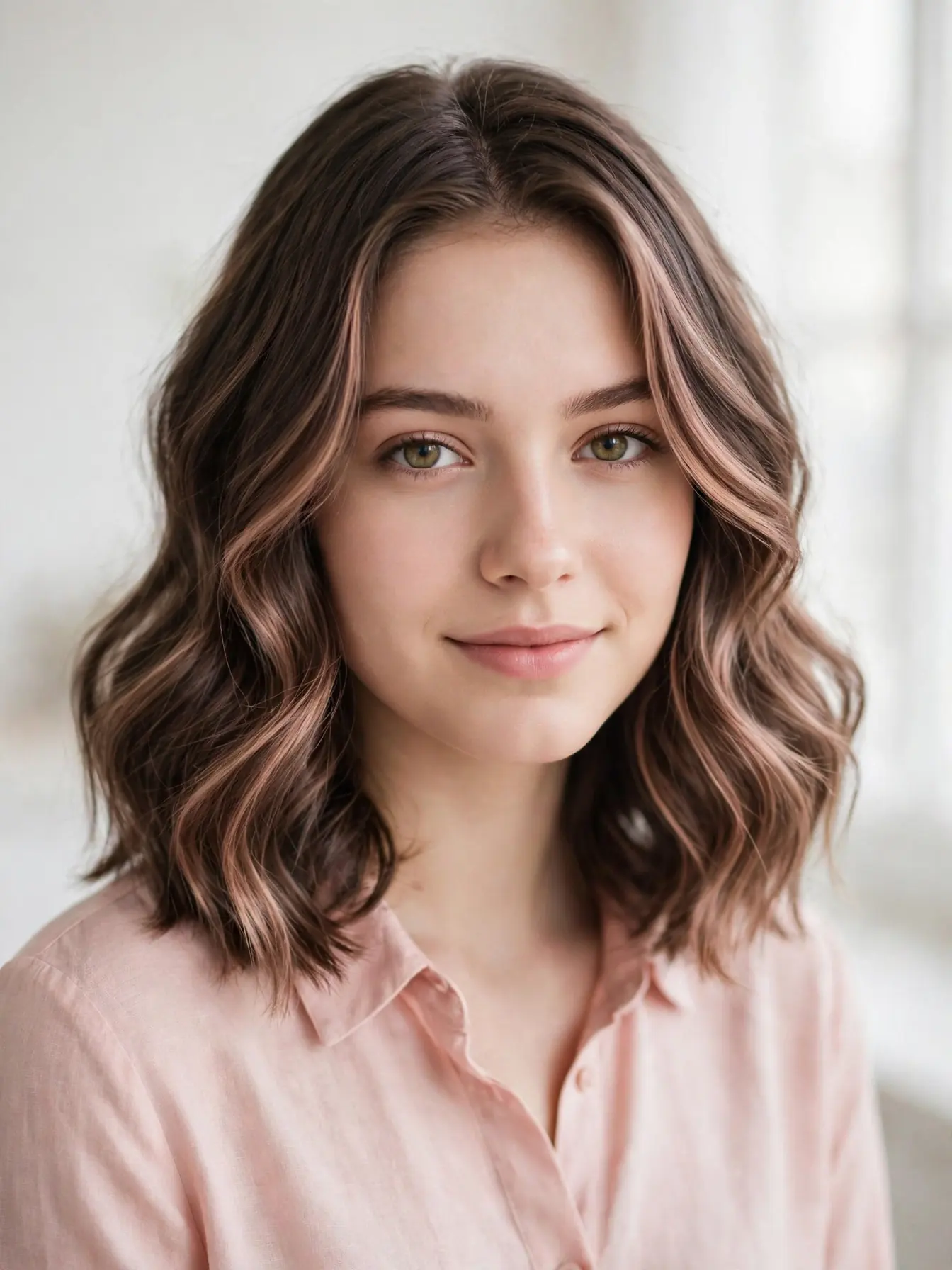 Collarbone-length wavy lob with a soft rose tint