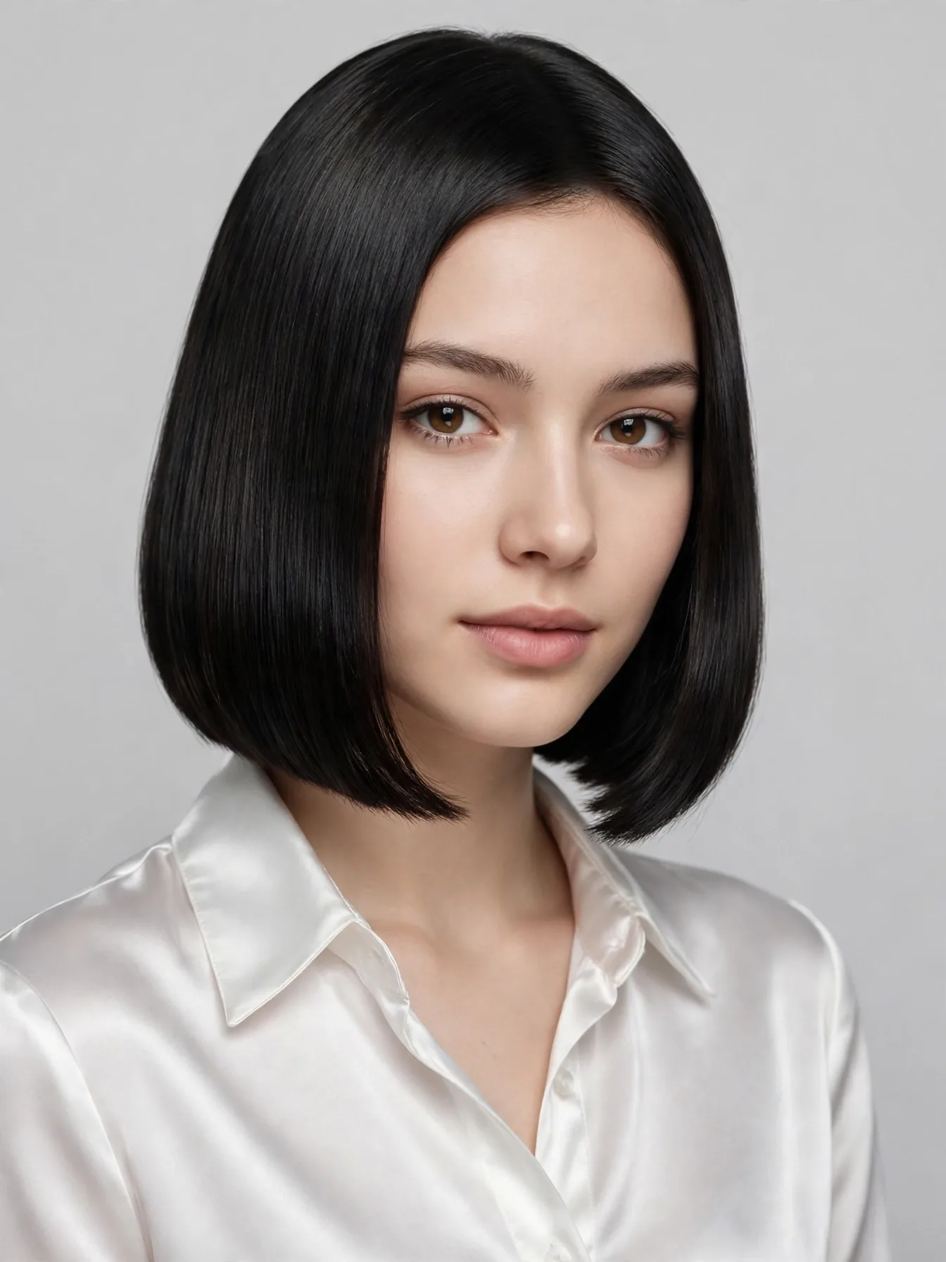 Sleek K-pop polished bob with a glass-smooth reflective finish