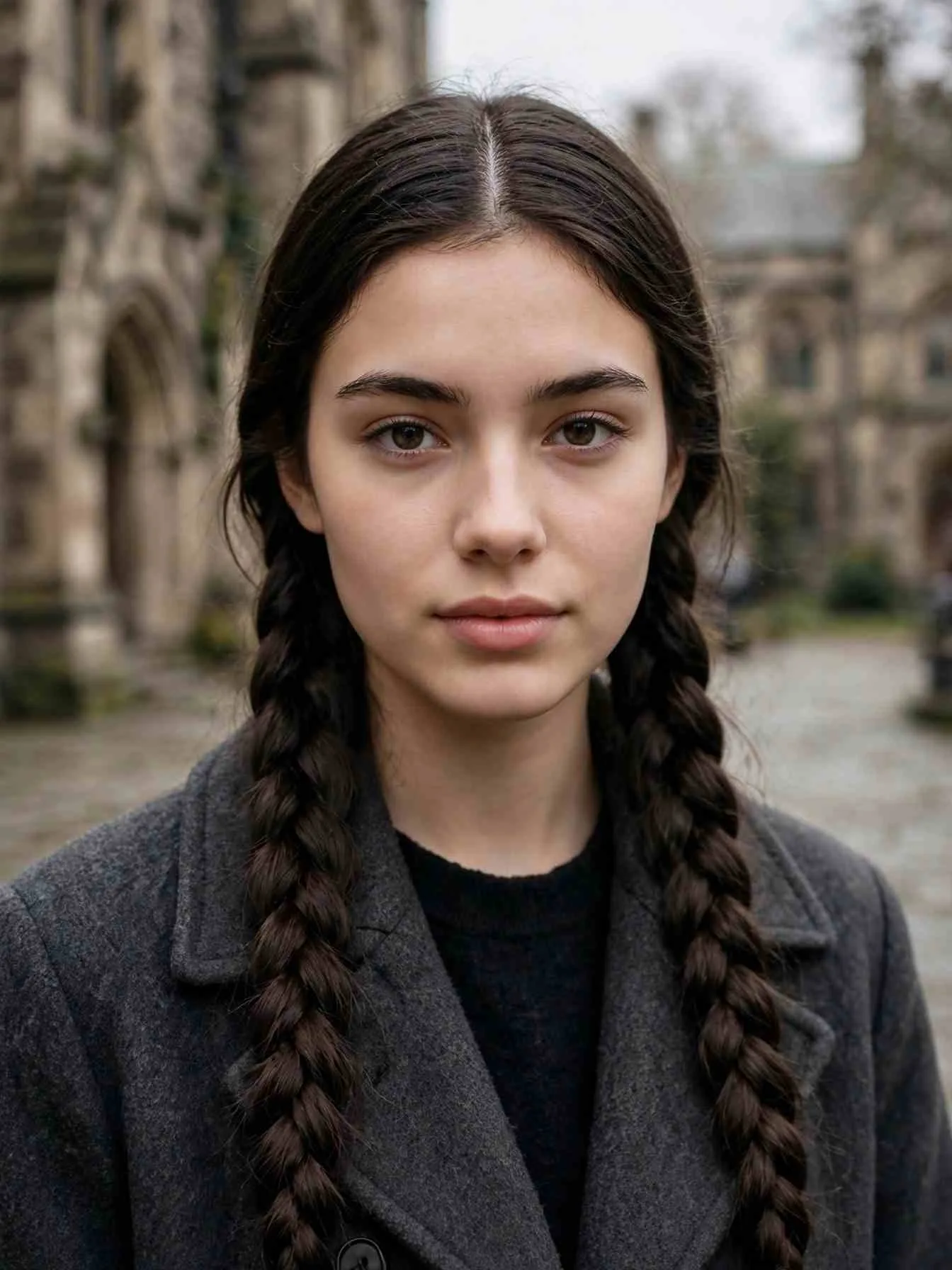 Twin low braids with a sharp center part on long dark hair
