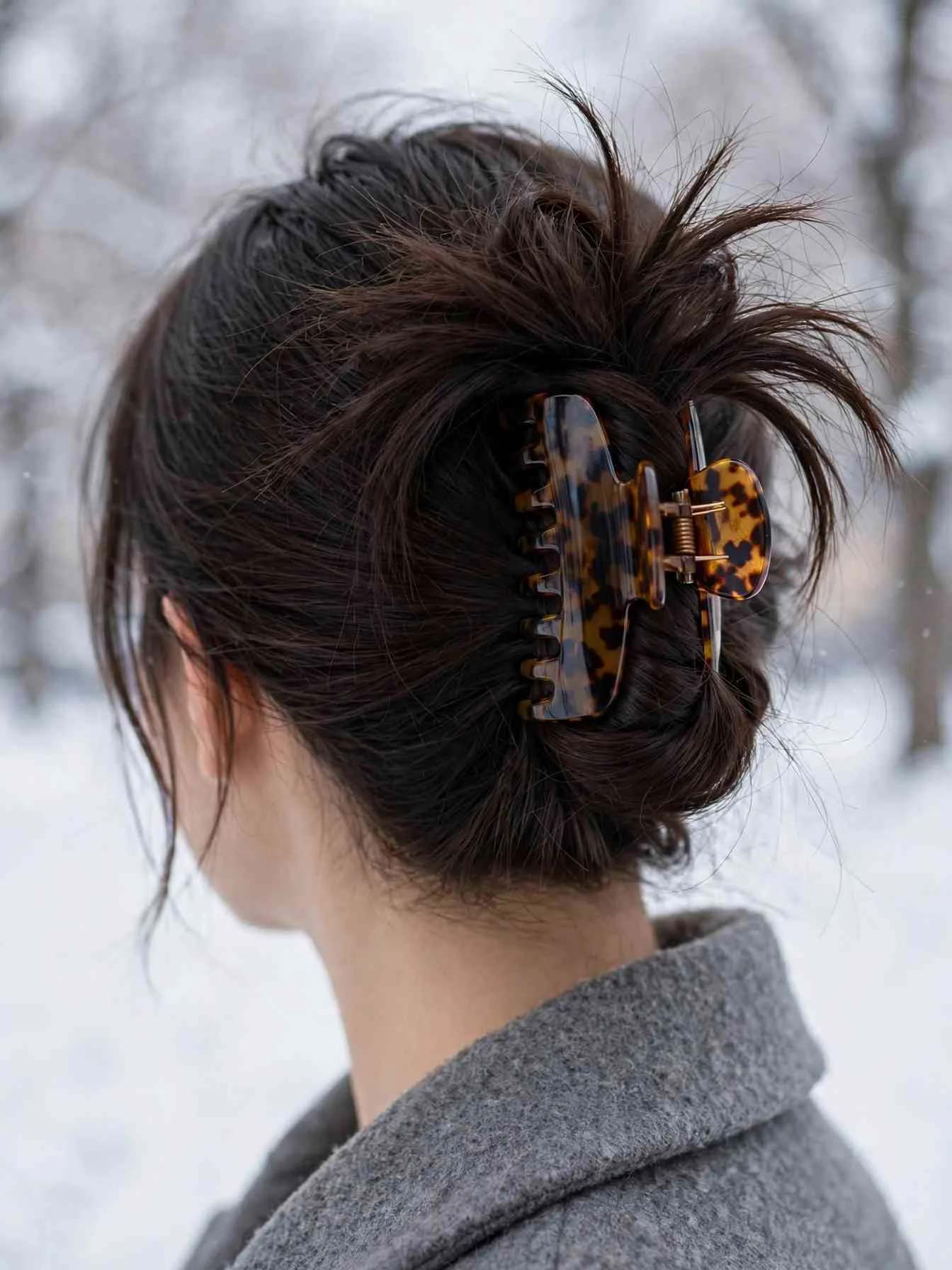 Low twisted messy bun secured with a large tortoiseshell claw clip
