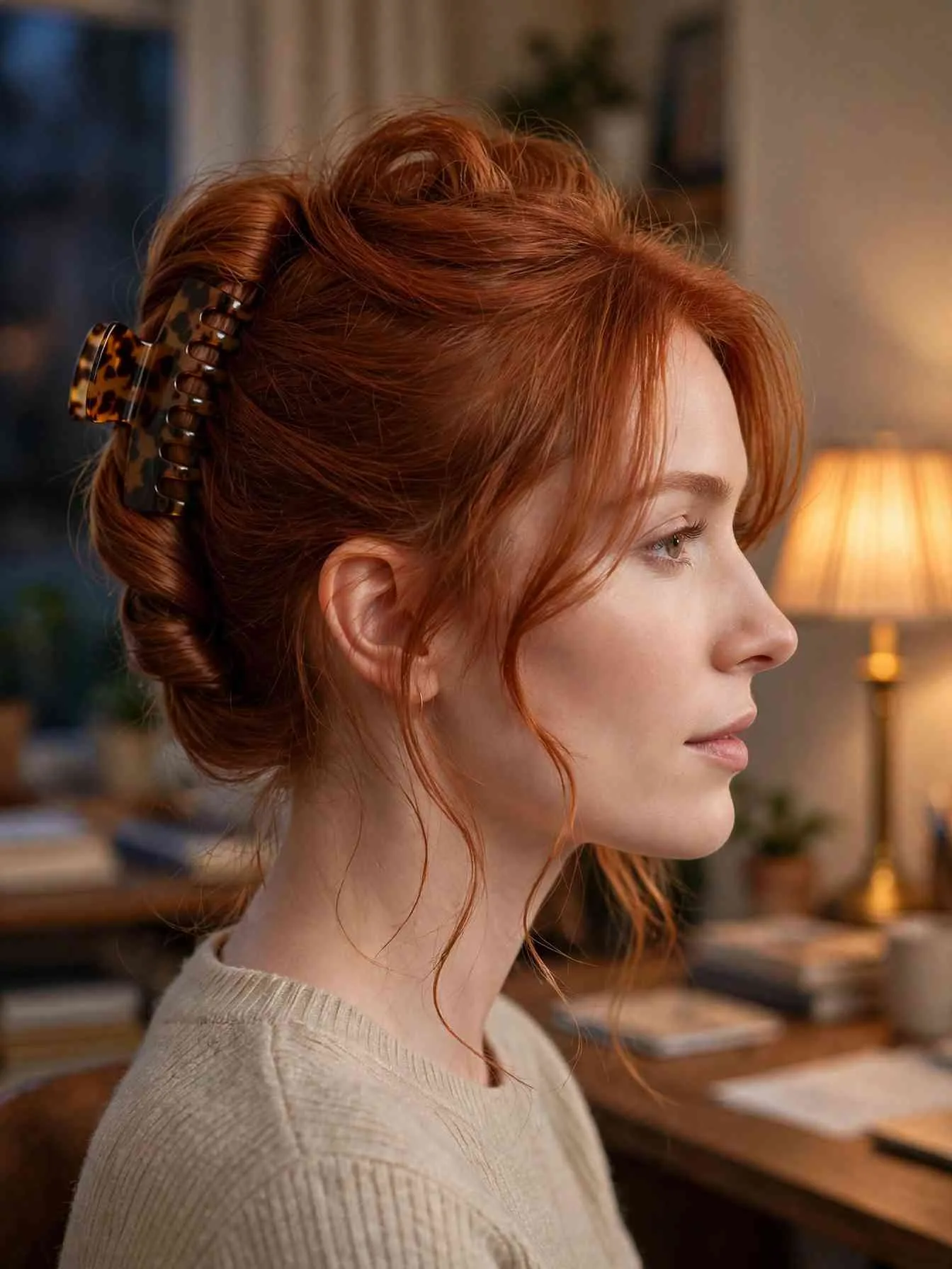 French twist secured with a tortoiseshell claw clip, side view