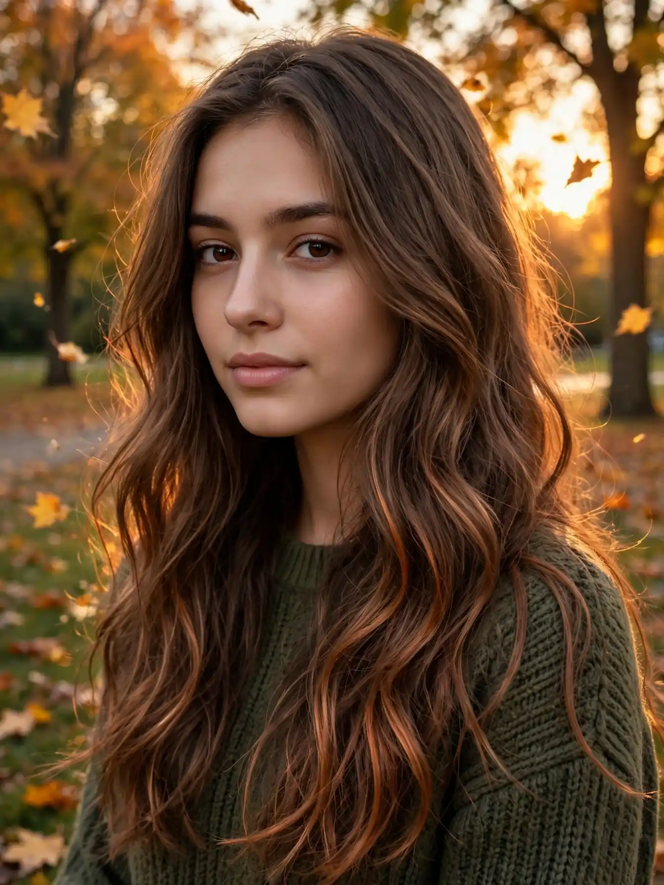 Copper-kissed mocha balayage in autumn light