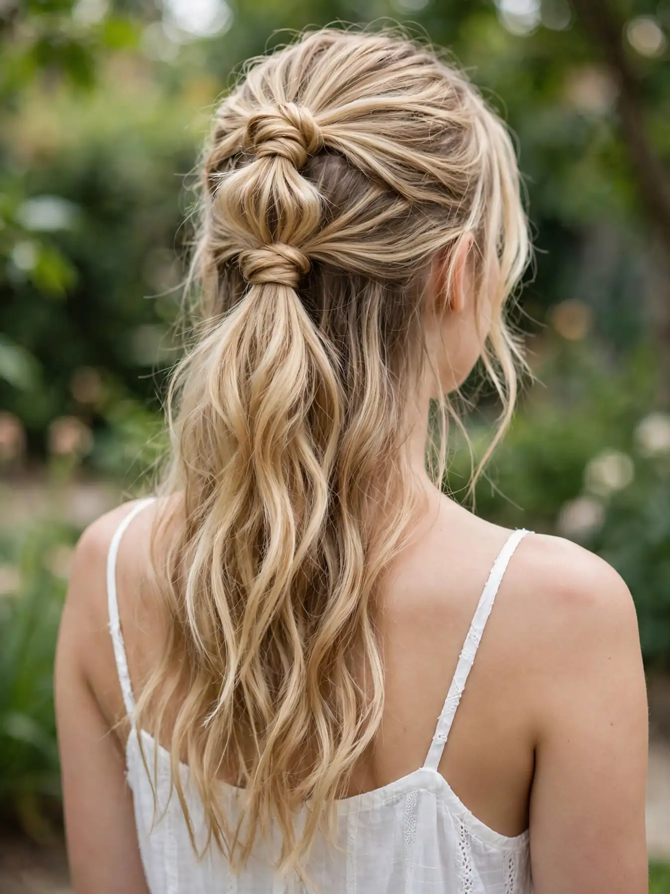 Half-up infinity knot ponytail with two knots over loose wavy blonde hair