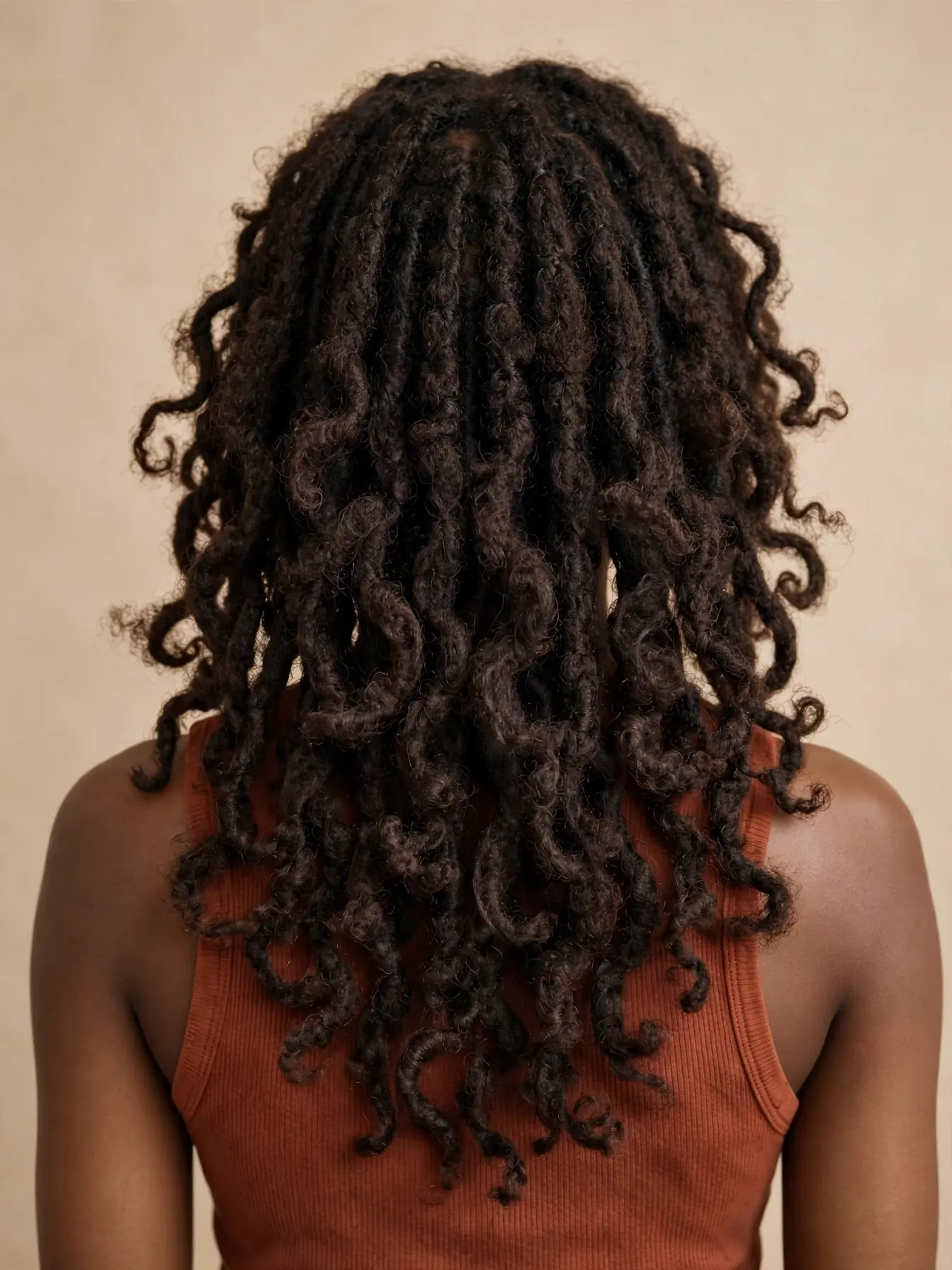 Back view of mid-back dark brown butterfly locs with full volume