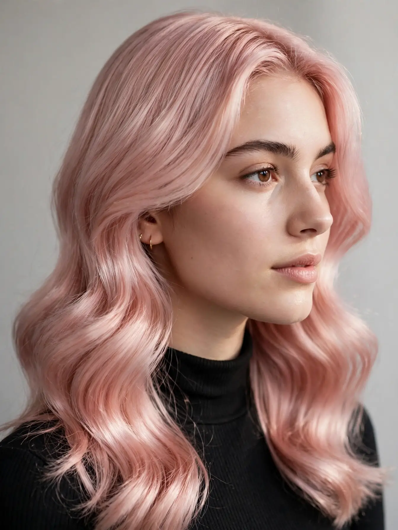 Studio portrait of a woman with glossy pearly blush pink wavy hair against a clean backdrop.