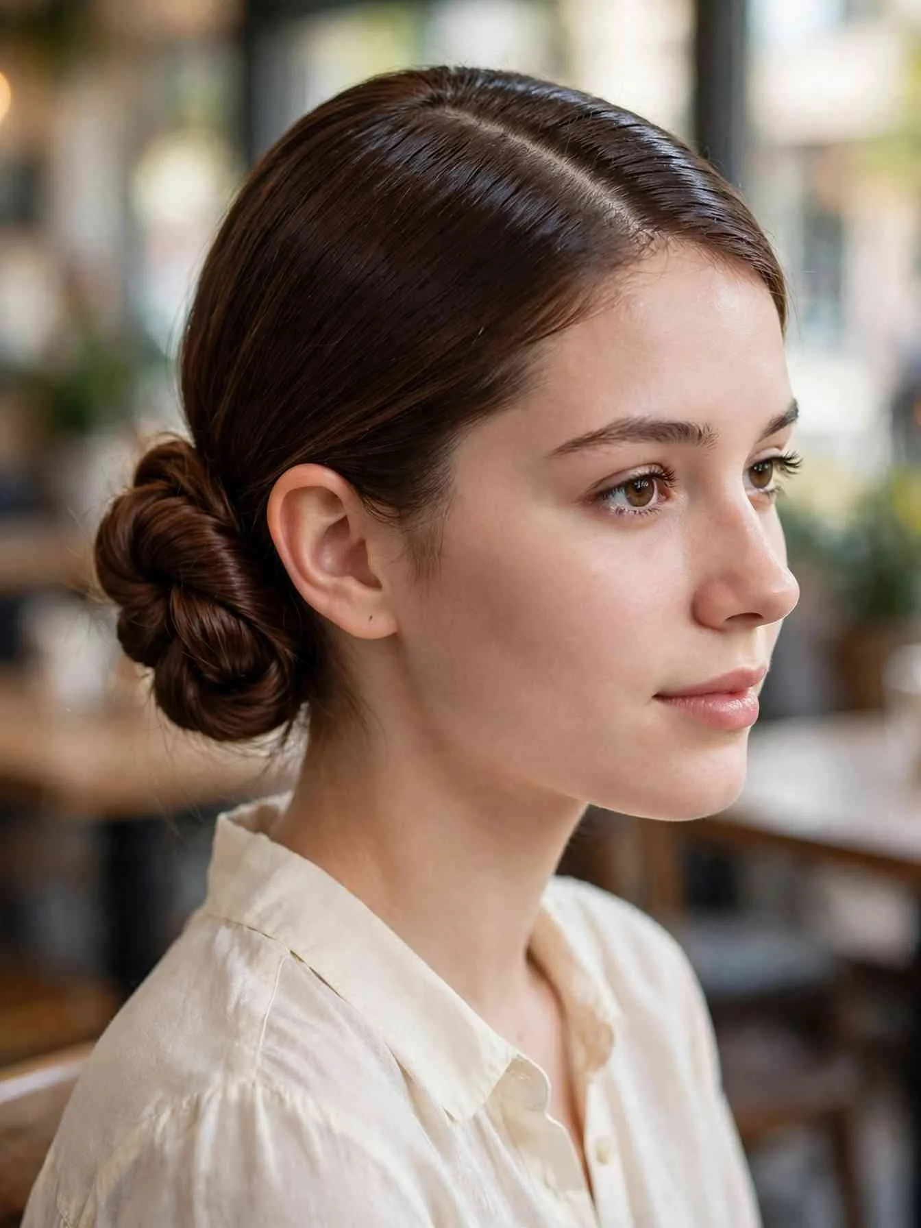 22 Clean Girl Hairstyles to Look Polished Every Day 10 Sleek twisted side bun with a deep side part