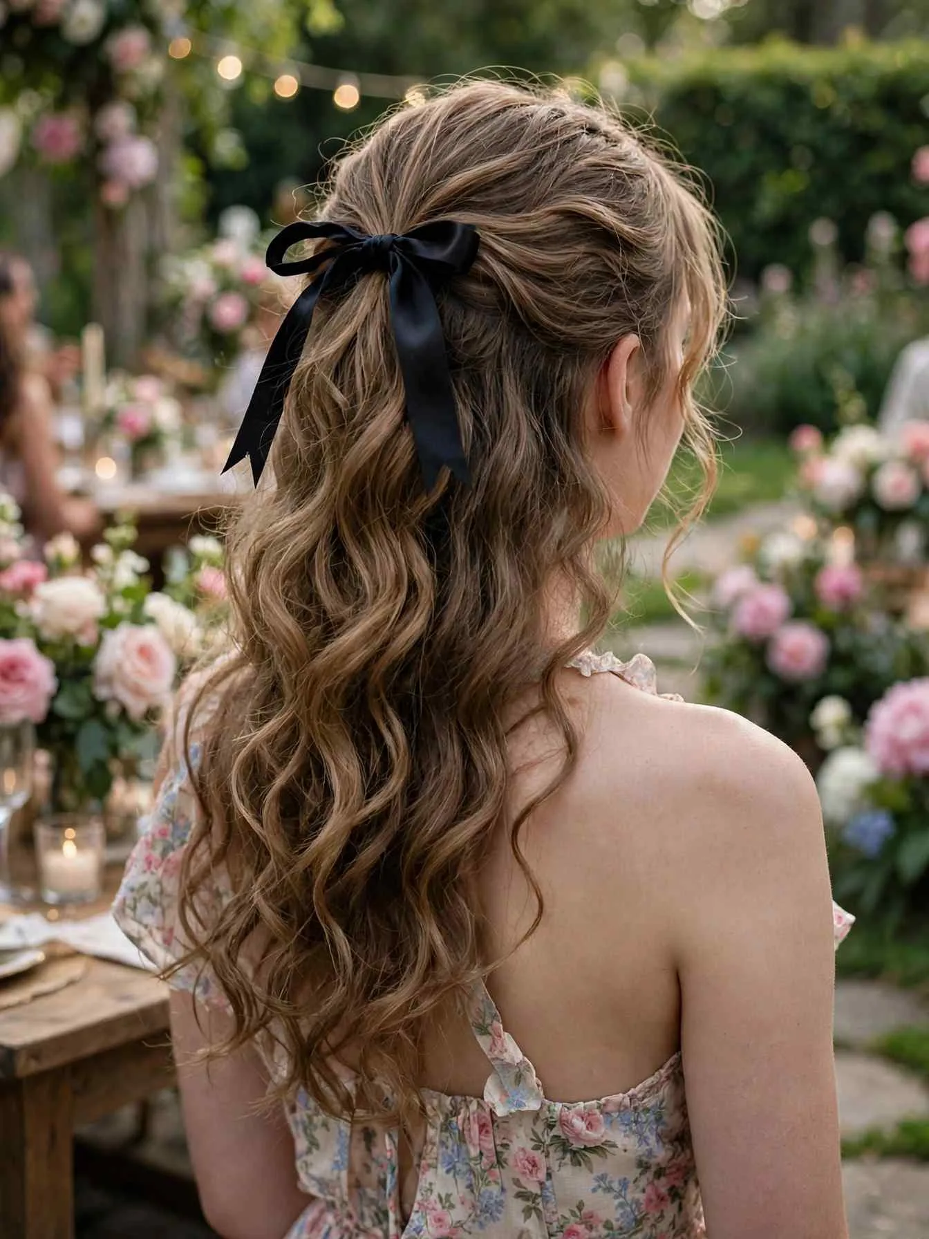 Half-up hairstyle tied with a black satin ribbon bow