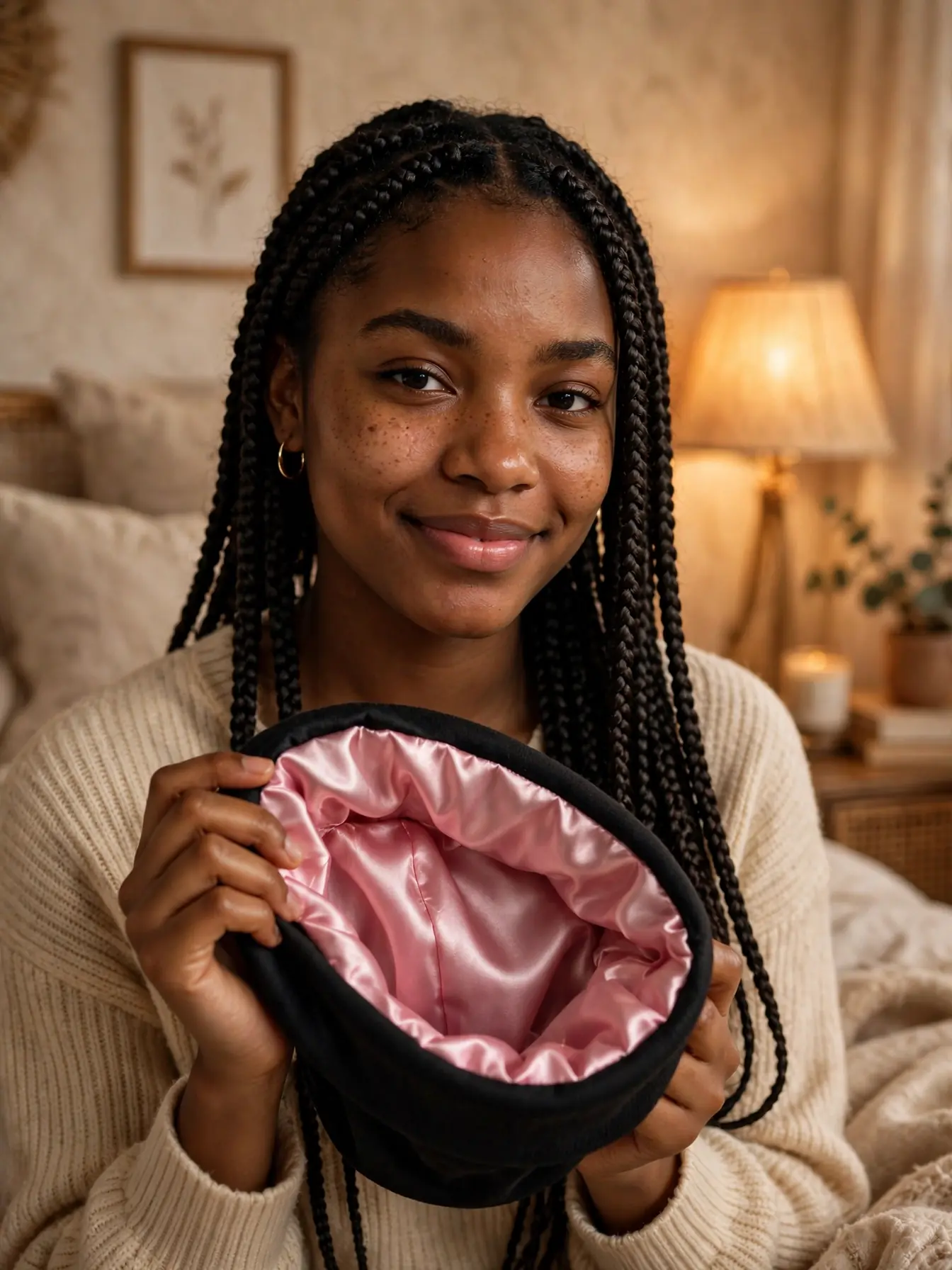 22 Cozy Winter Braid Hairstyles to Try This Season 12 Medium box braids with a satin-lined beanie nearby in warm indoor light
