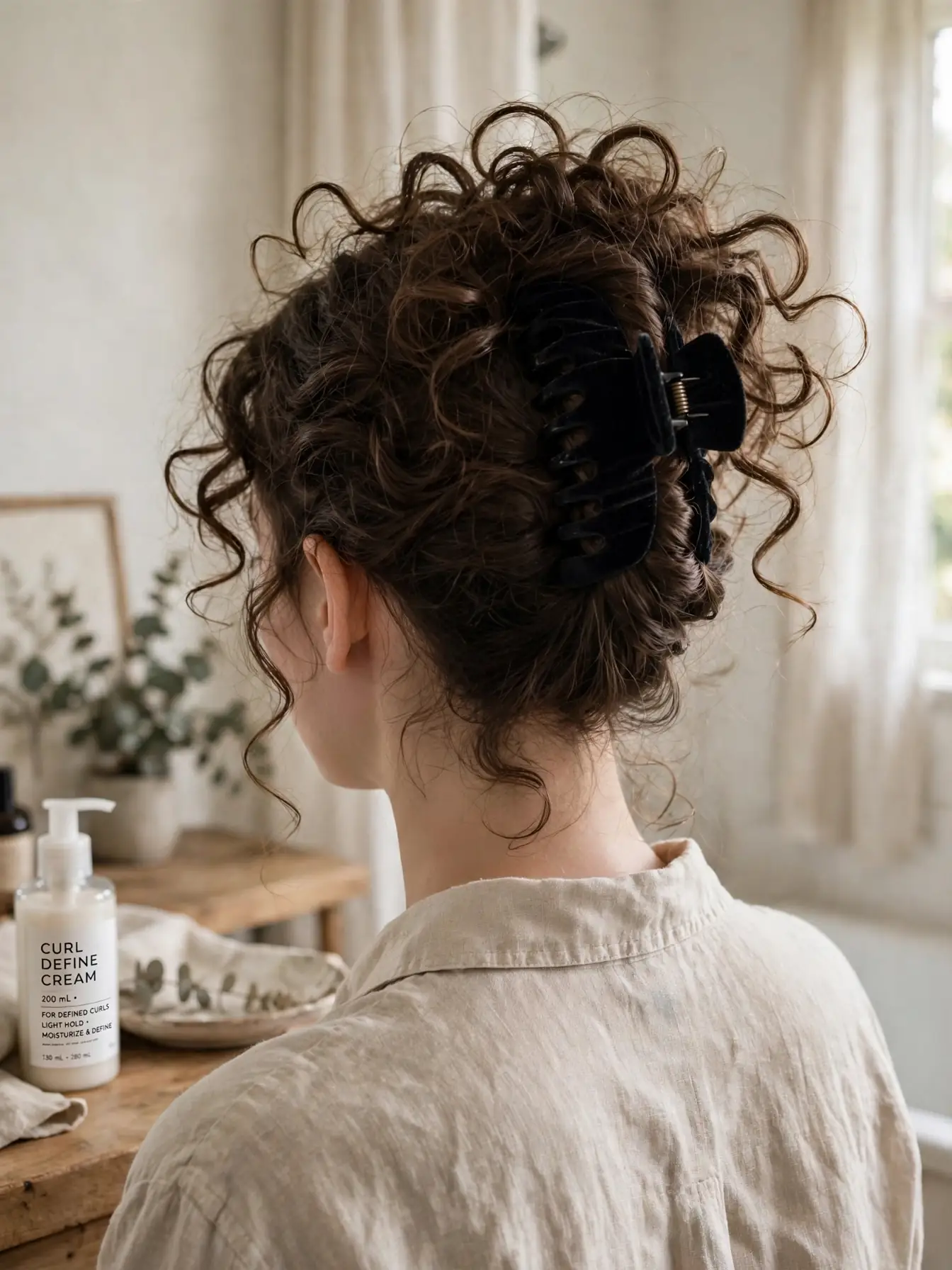 French twist of curls with a black velvet claw clip