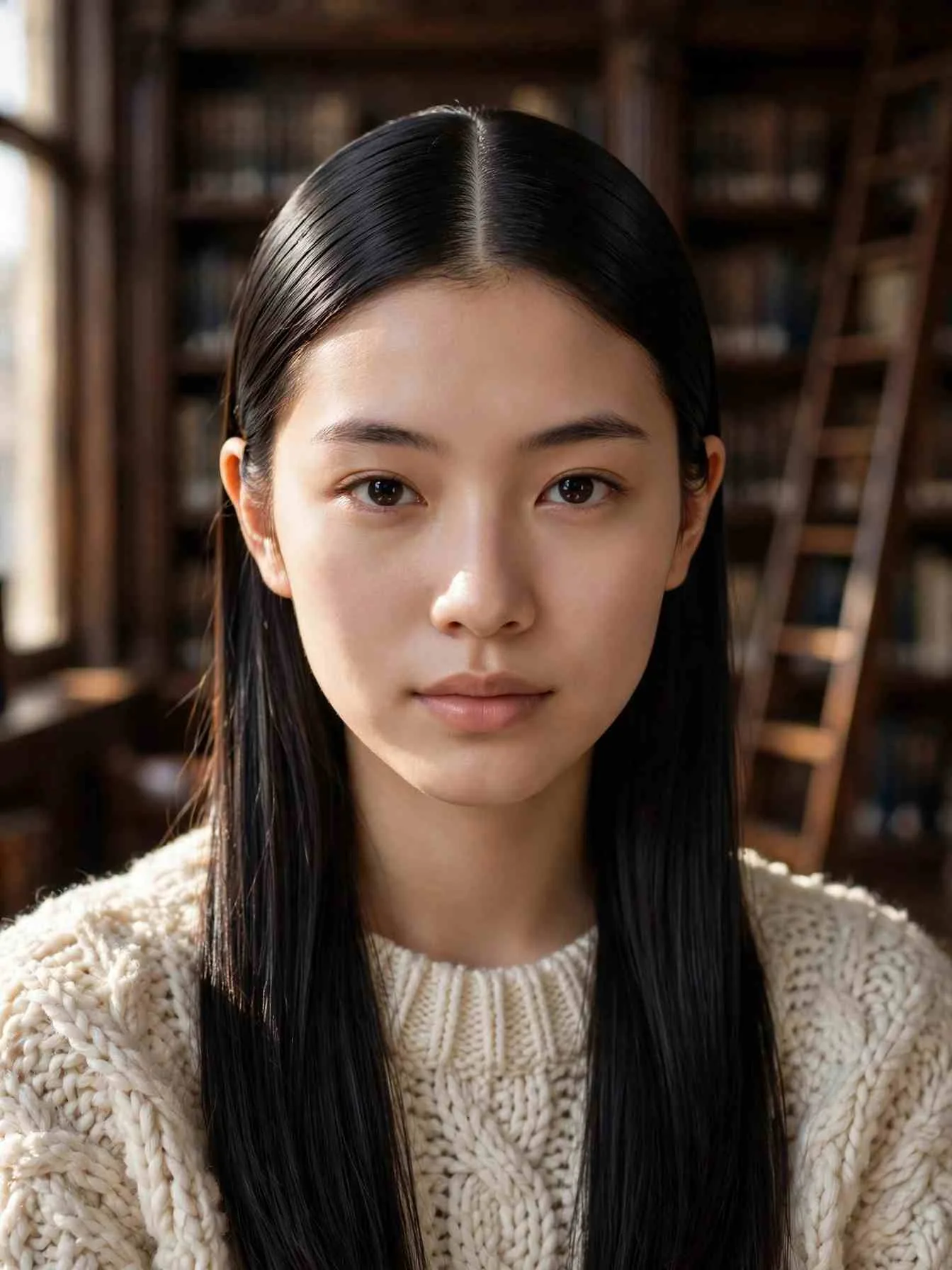 Sleek straight hair with a sharp center part tucked behind ears