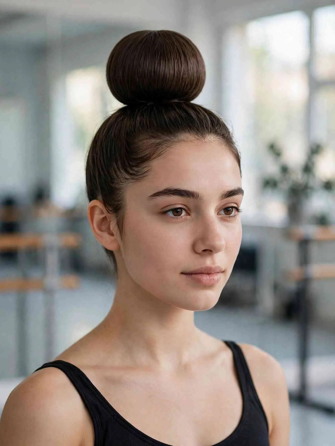 22 Clean Girl Hairstyles to Look Polished Every Day 11 Perfectly round ballerina donut bun in dark hair