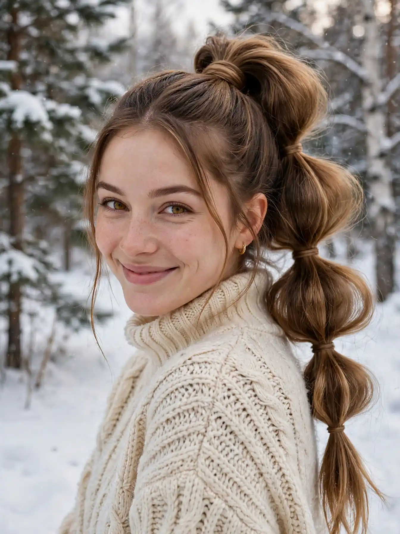 Bubble braid ponytail with wide pulled sections