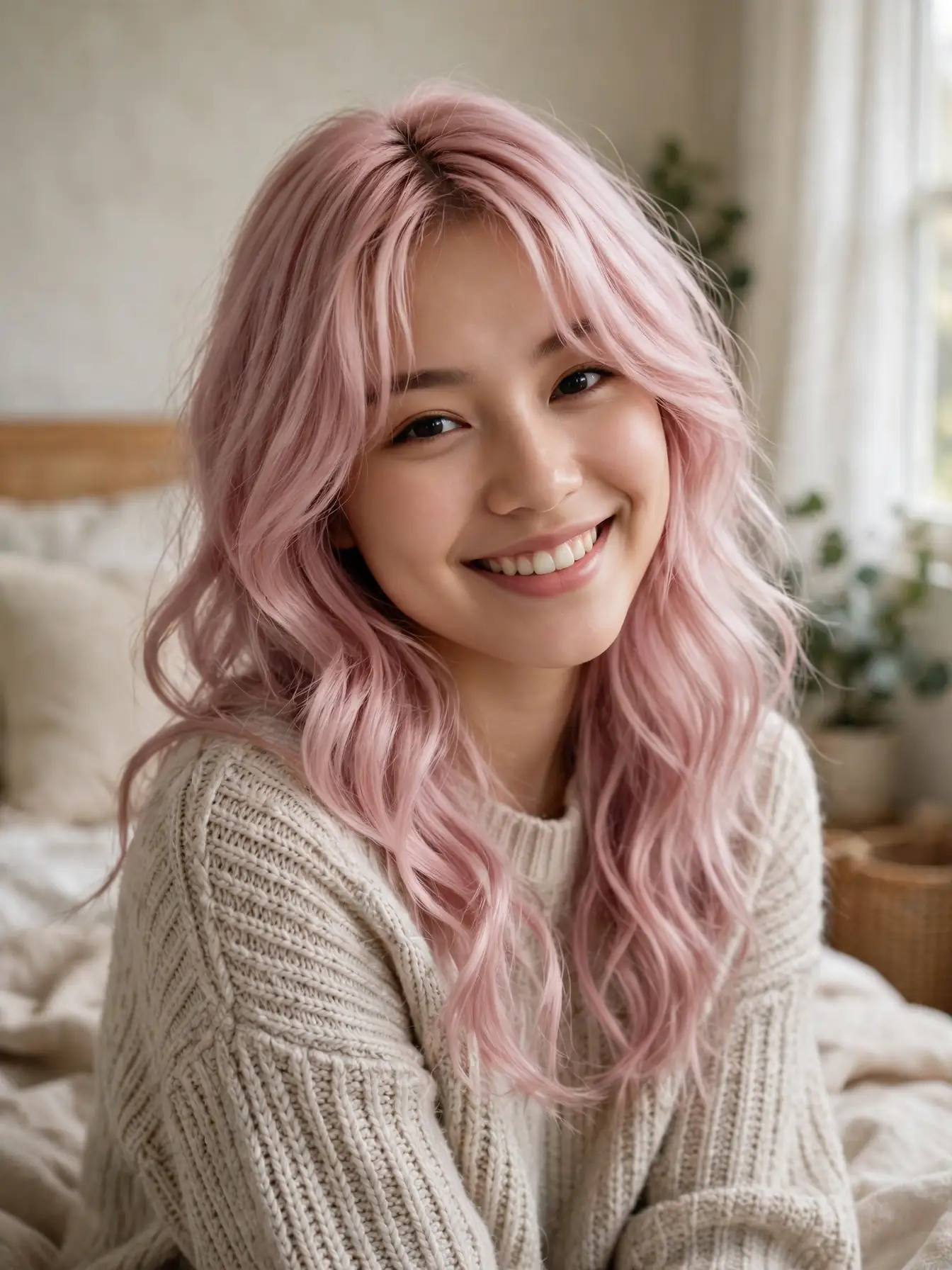 A woman with pastel pink waves and soft curtain bangs framing her face, lit by cozy bedroom window light.