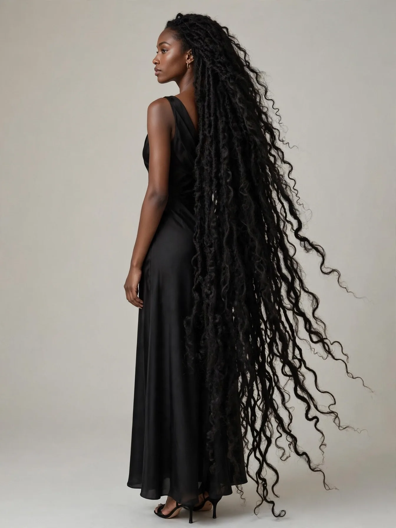 Woman with extra-long waist-length black butterfly locs