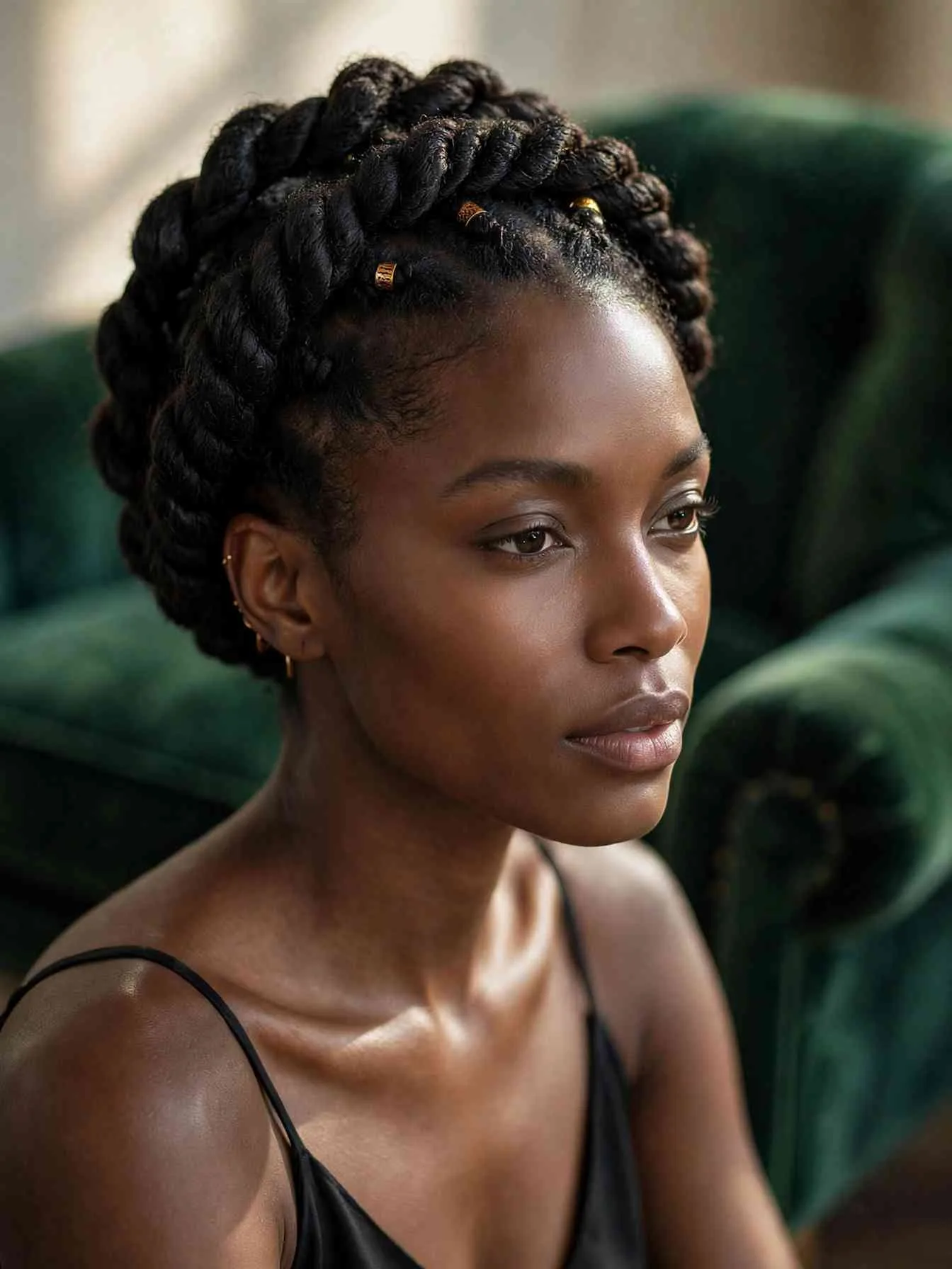 Flat twists sculpted into a crown updo with gold hair cuffs