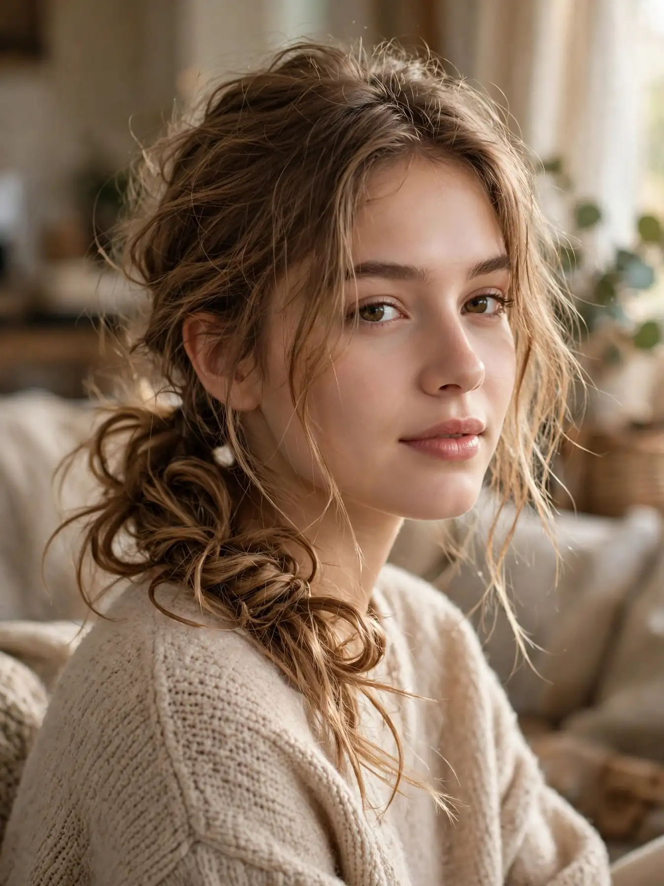 Messy textured infinity knot ponytail with relaxed loops on light-brown hair