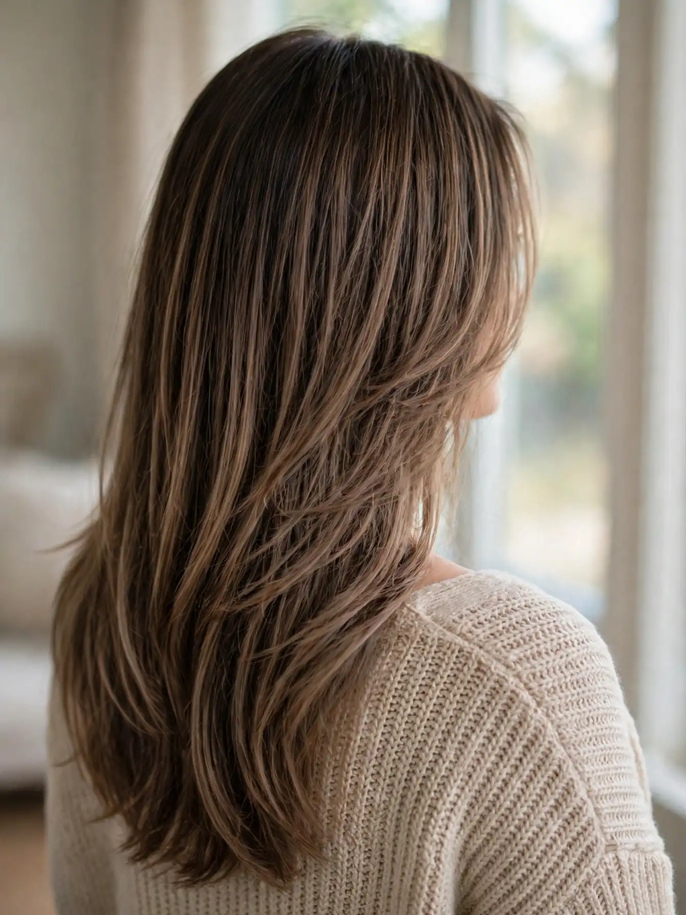 Mocha root melt with lived-in ends on layered hair
