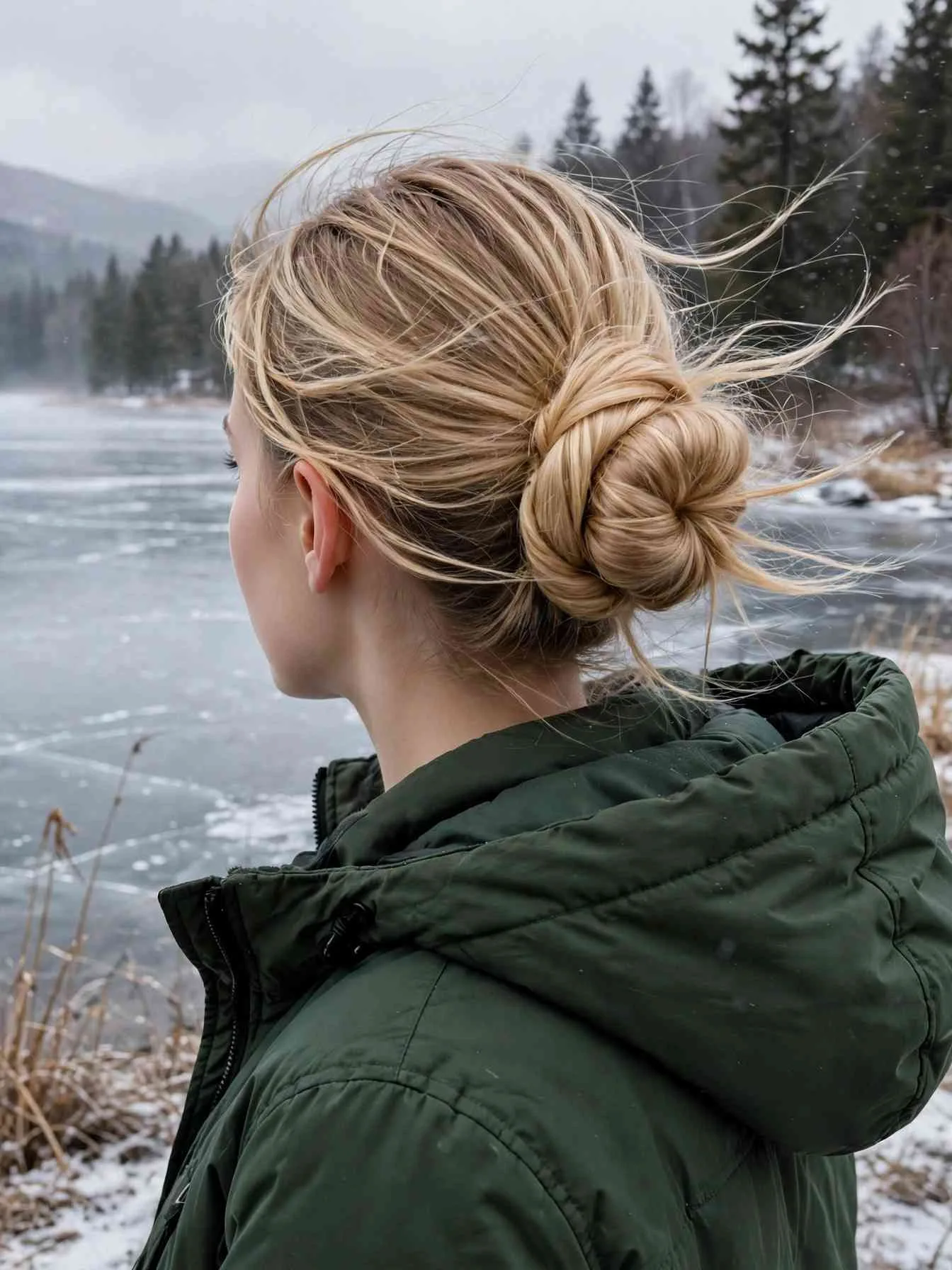Low wrapped messy bun with hair wrapped around the base, frozen lake and wind