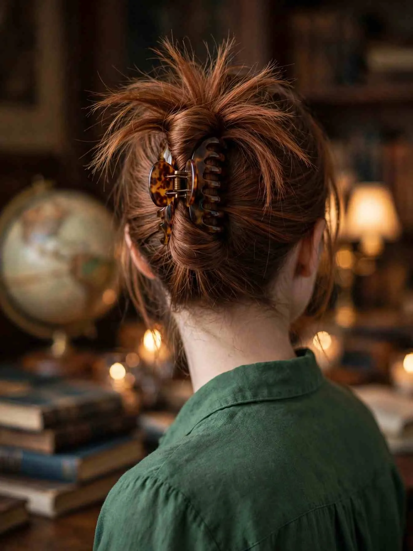 Upward hair twist secured with a tortoiseshell claw clip