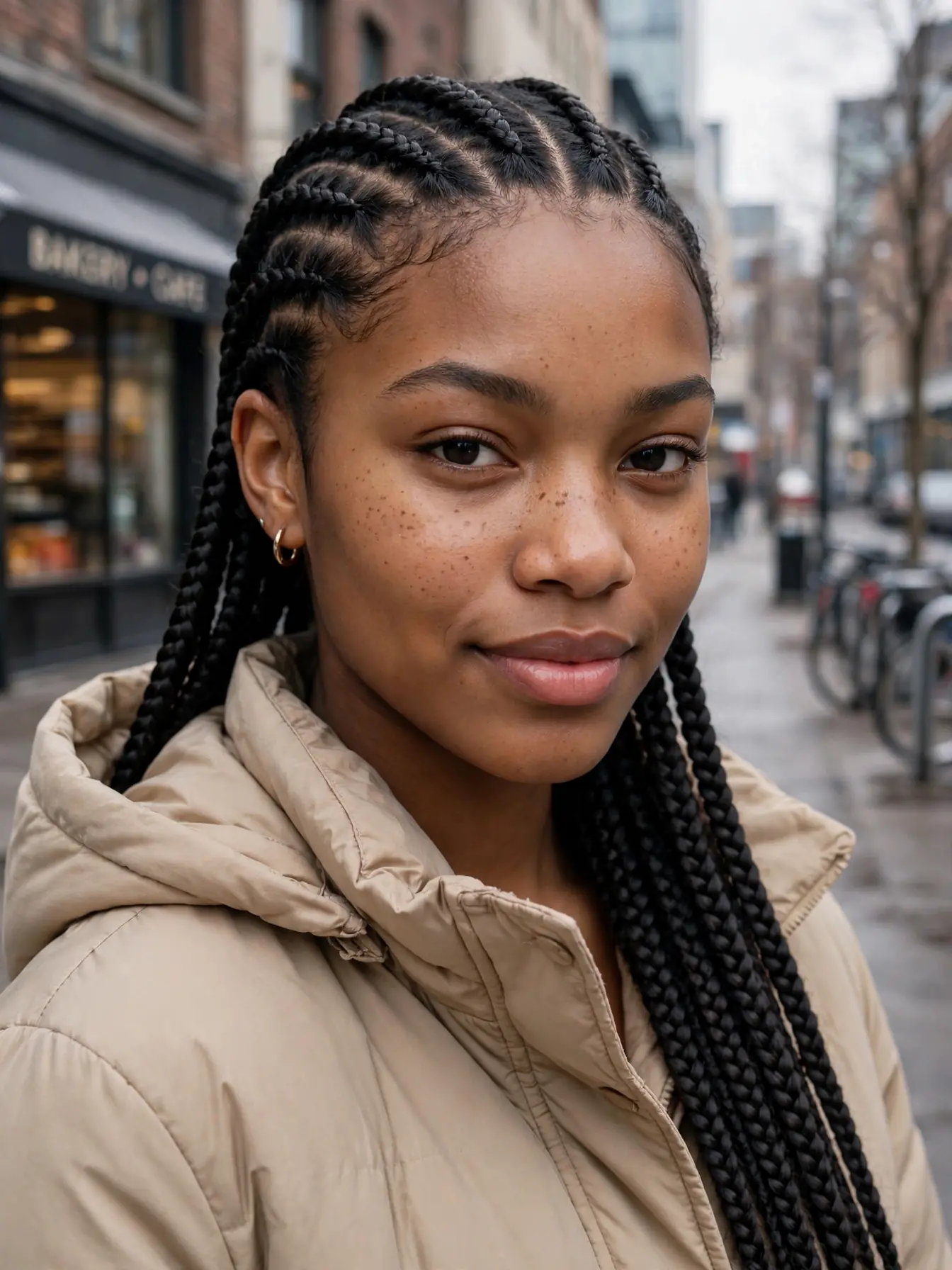 22 Cozy Winter Braid Hairstyles to Try This Season 13 Sleek knotless braids lying flat, worn with a beige winter coat