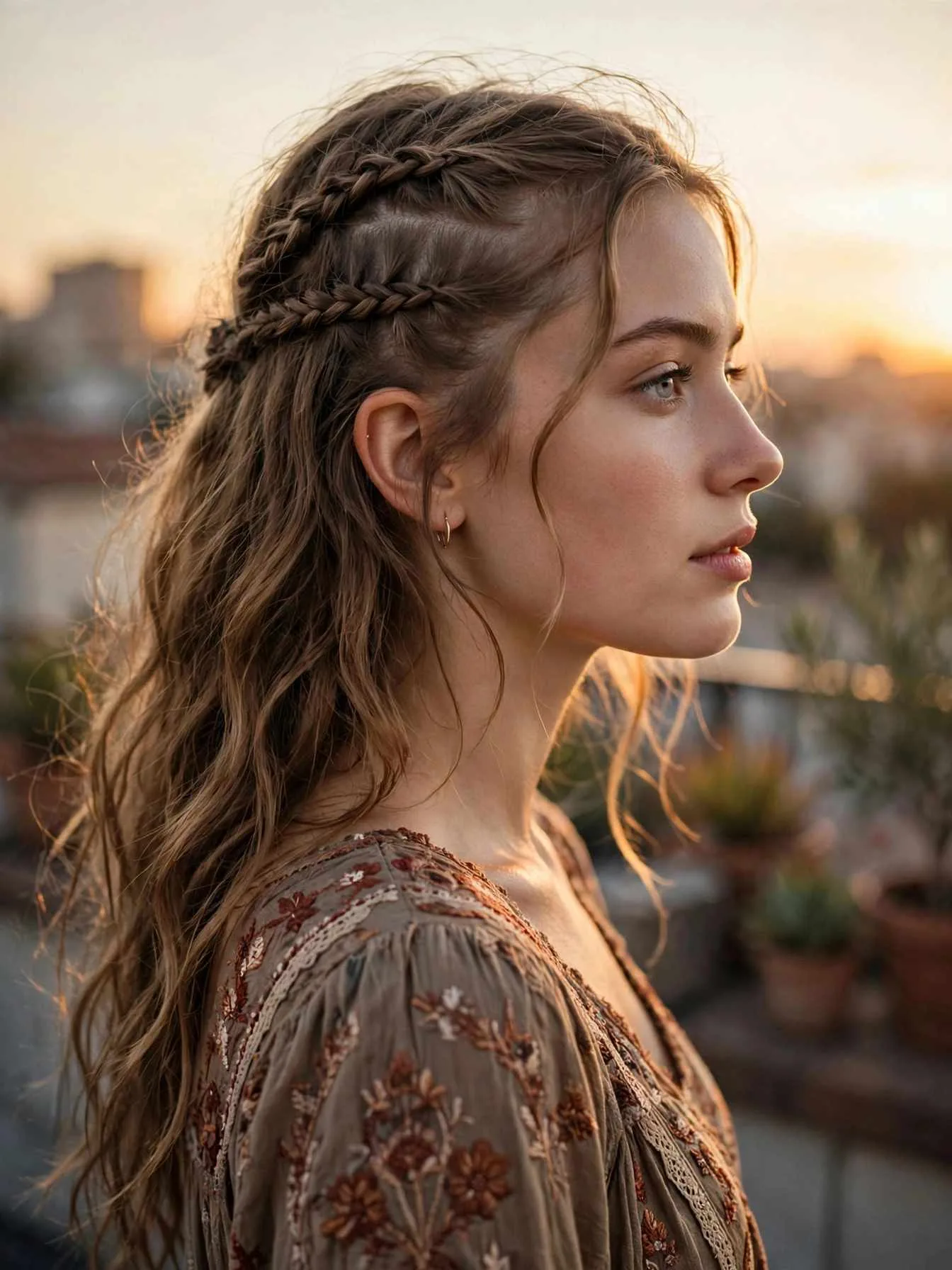 Half-up hairstyle with two slim fishtail braids from the temples