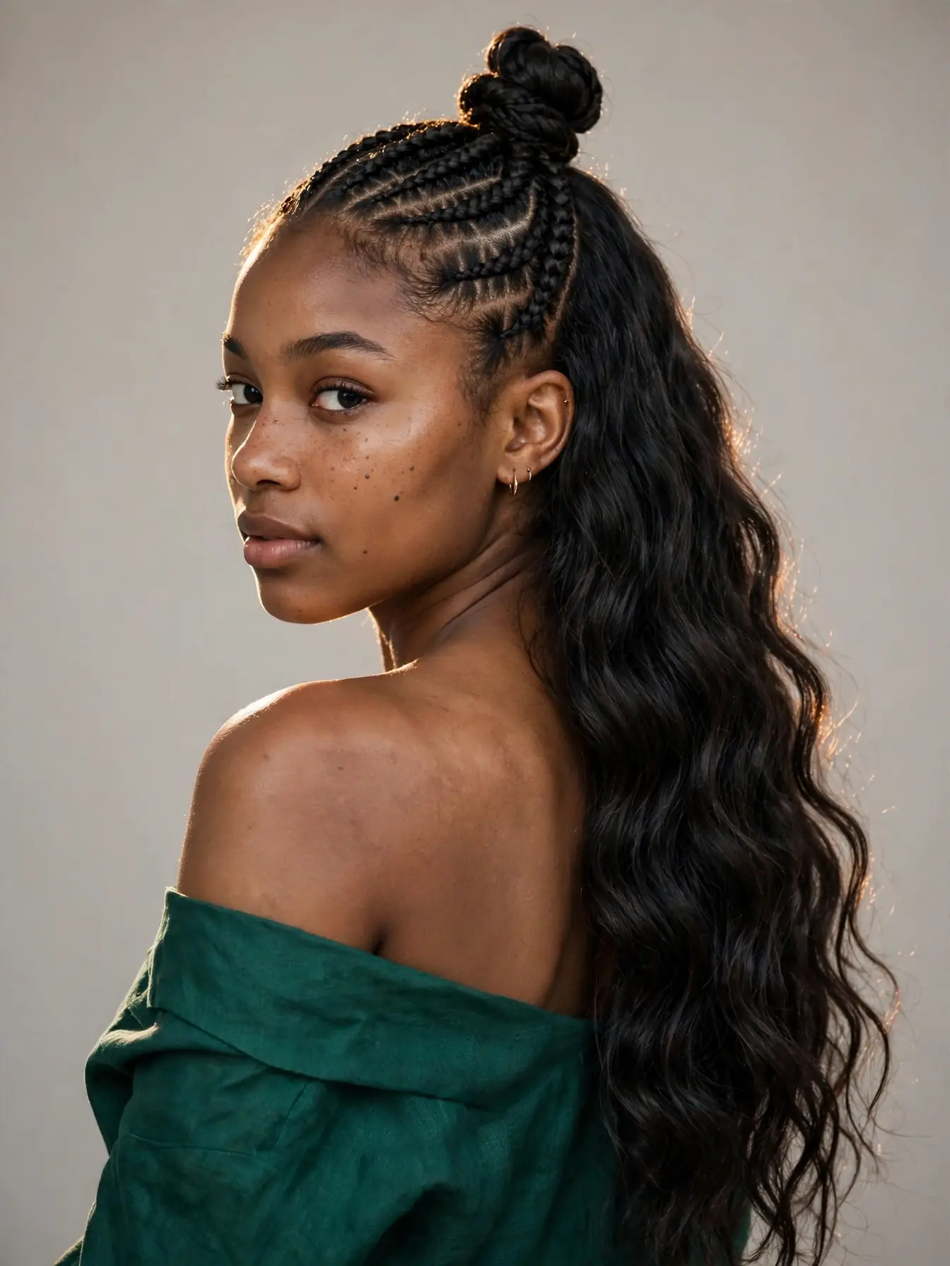 Braided top knot sew-in braided leave-out hairstyle with long wavy hair