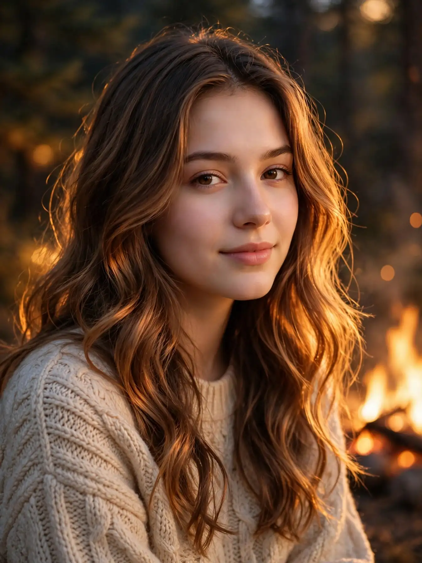 Long waves with warm caramel balayage glowing by a campfire