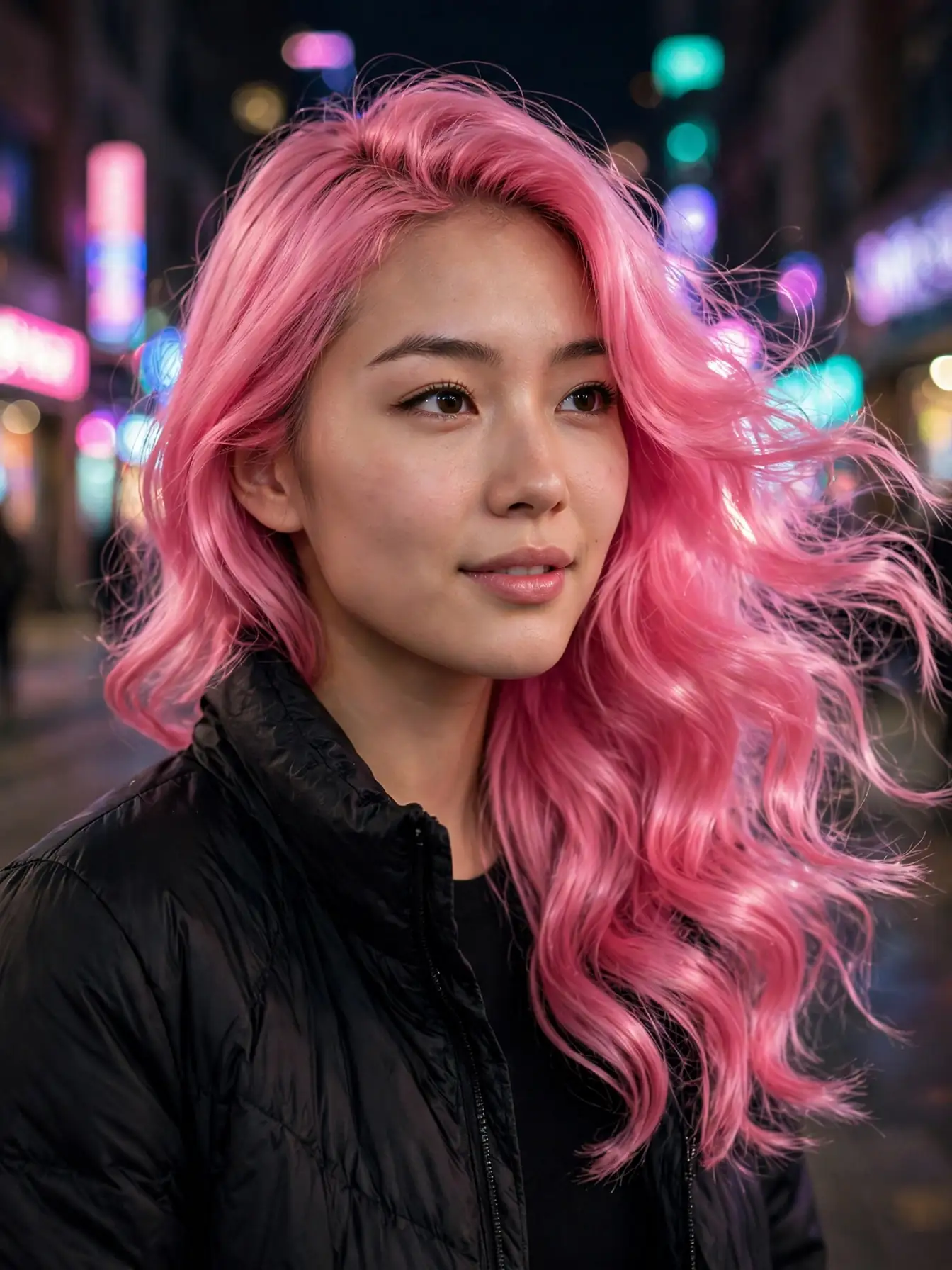 Ultra-glossy bubblegum pink waves on an evening street with a soft neon glow behind.