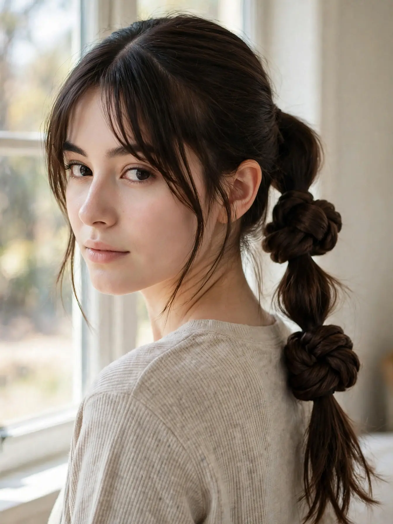 Mid infinity knot ponytail paired with parted curtain bangs on brunette hair