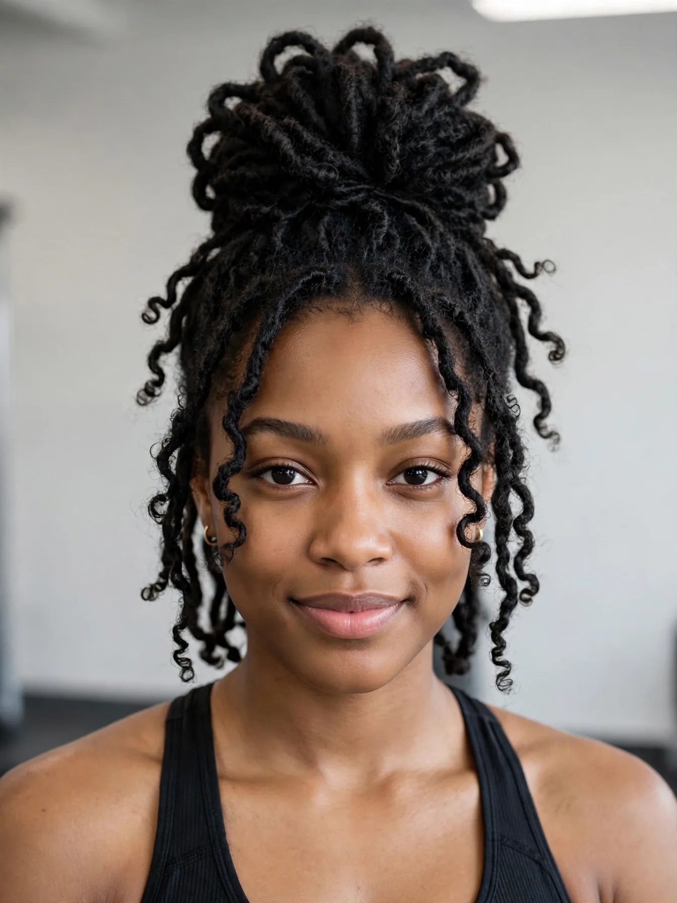 Woman with black butterfly locs gathered into a full textured high bun