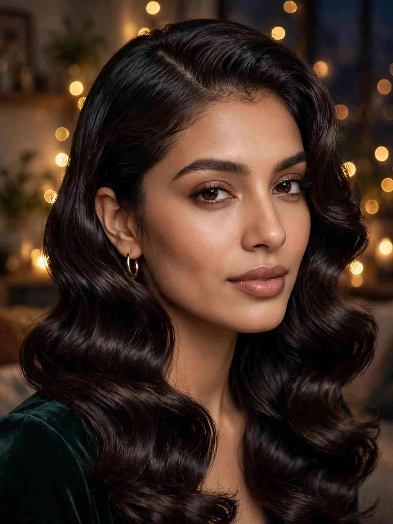 Glossy Hollywood waves with a deep side part in warm evening light