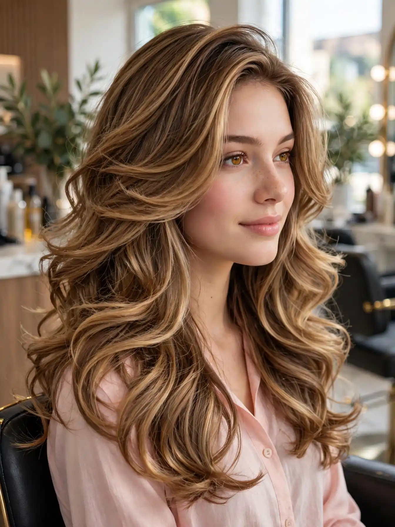 Honeyed mocha balayage through long layers