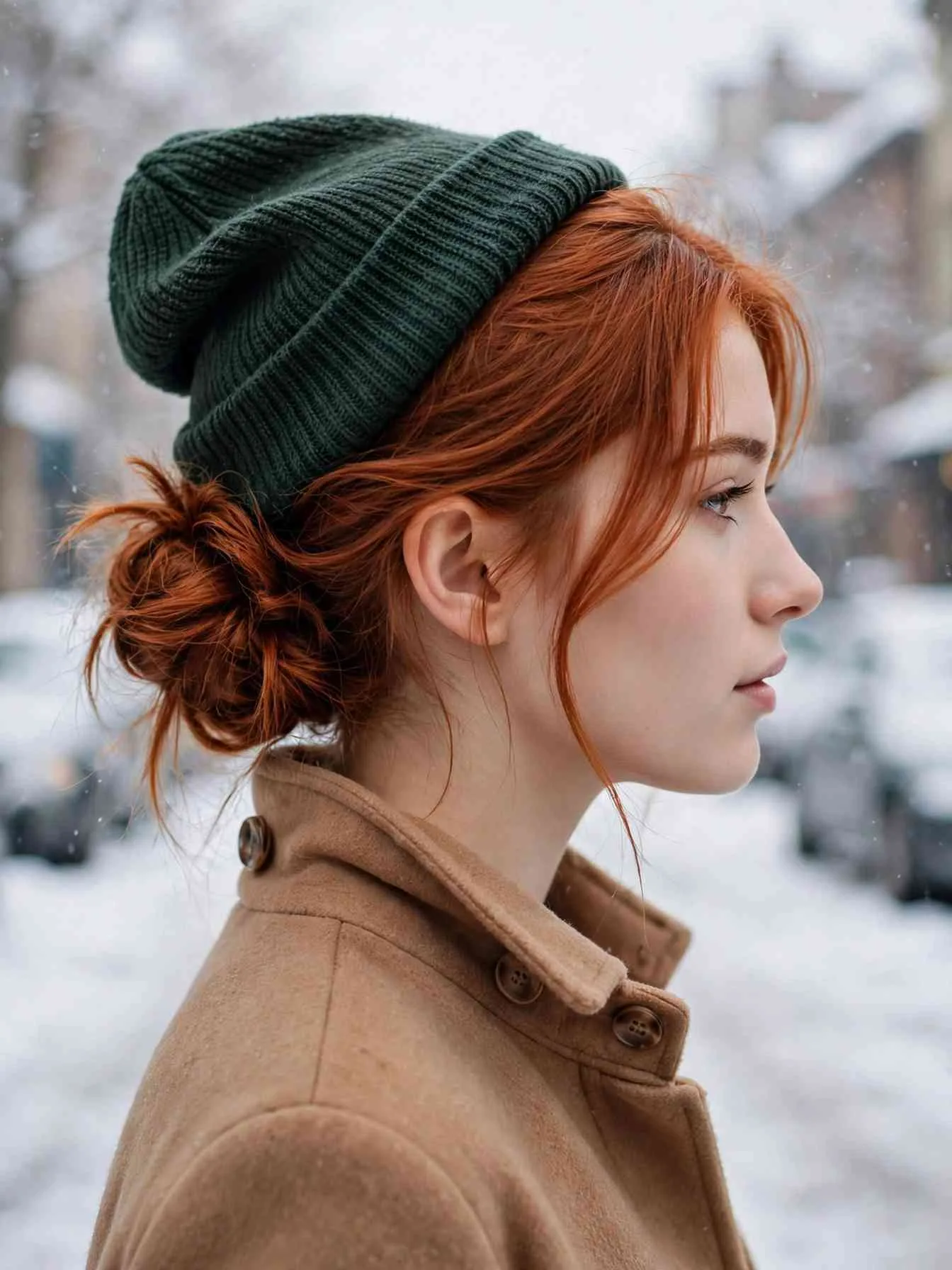Side-swept low messy bun behind the ear with a tilted green knit beanie