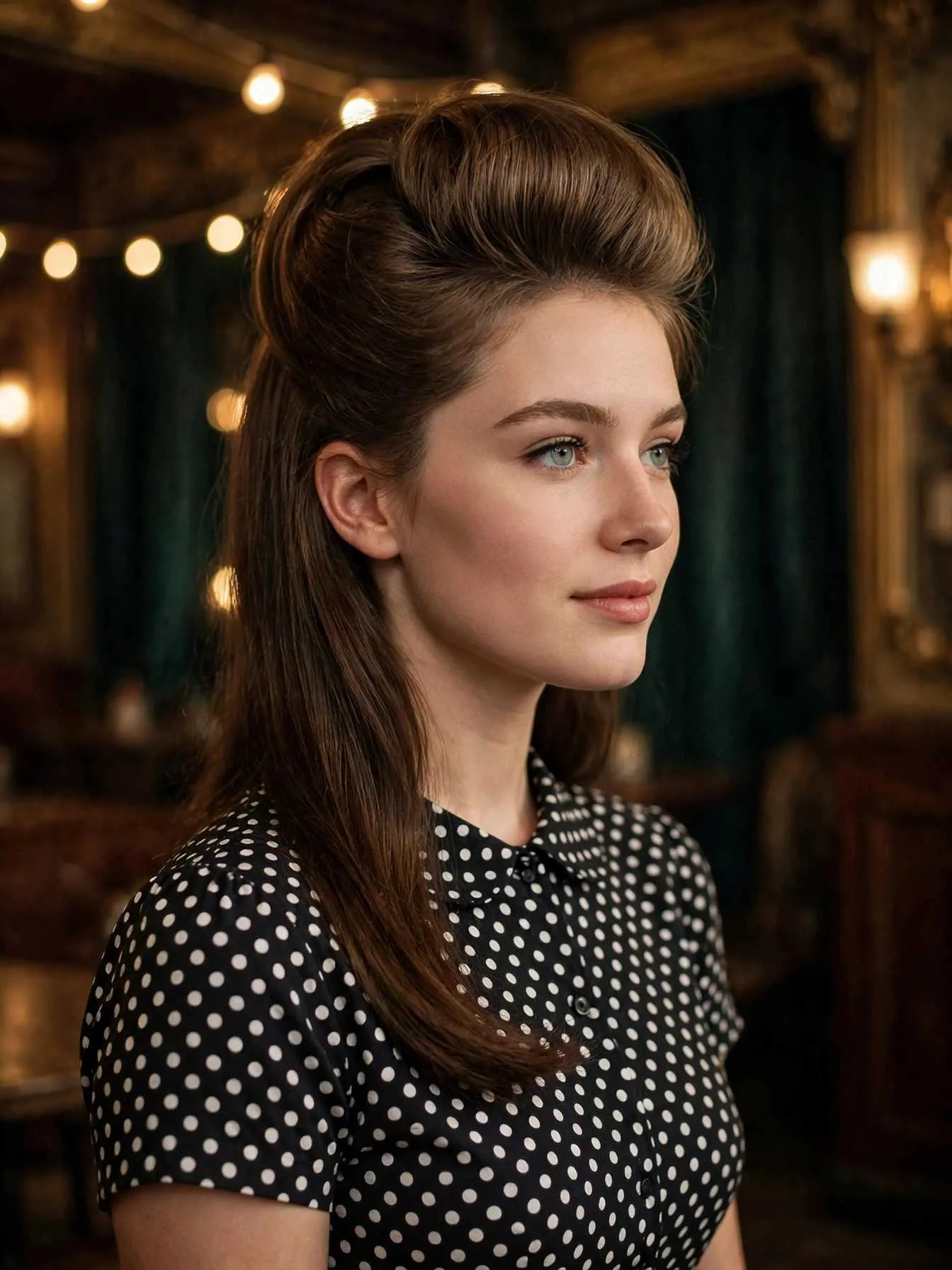 Half-up bouffant with teased height at the crown and smooth lengths