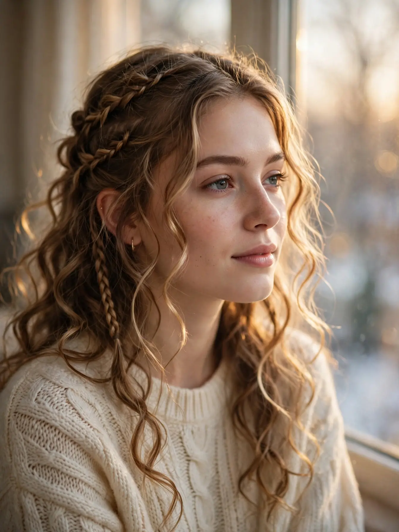 22 Cozy Winter Braid Hairstyles to Try This Season 14 Boho goddess braids with loose romantic curls in golden winter light