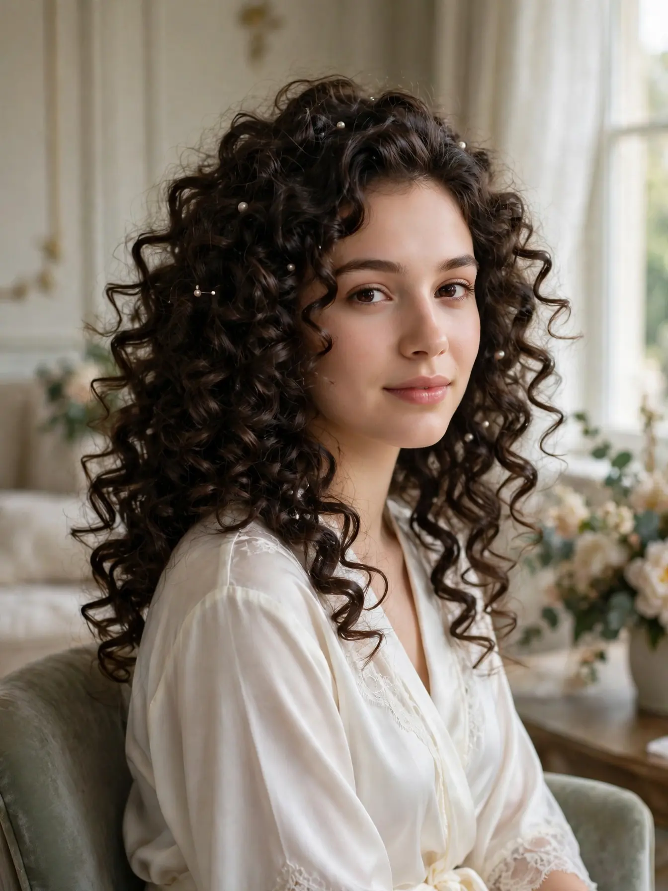 Big curls for a wedding day with pearl pins