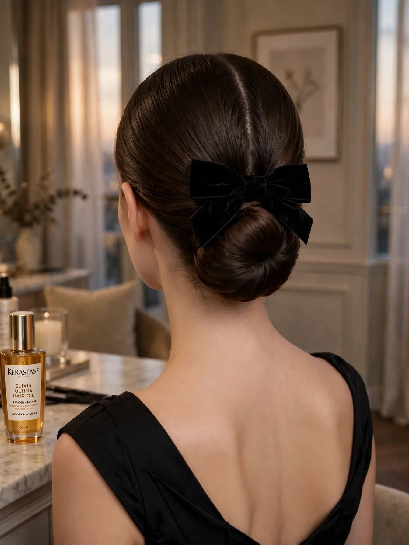 Low chignon with a classic black velvet bow