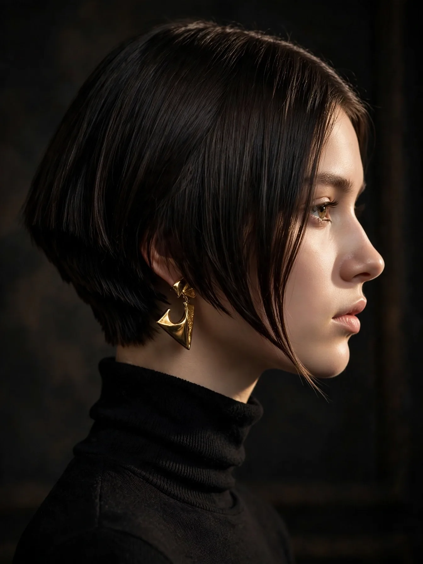 Angled A-line winter bob with a stacked nape and front pieces reaching the chin