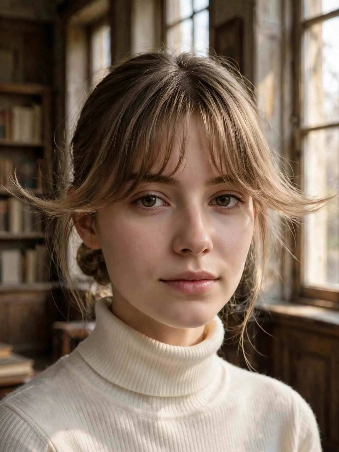 Grown-out curtain bangs parted down the middle with a low bun