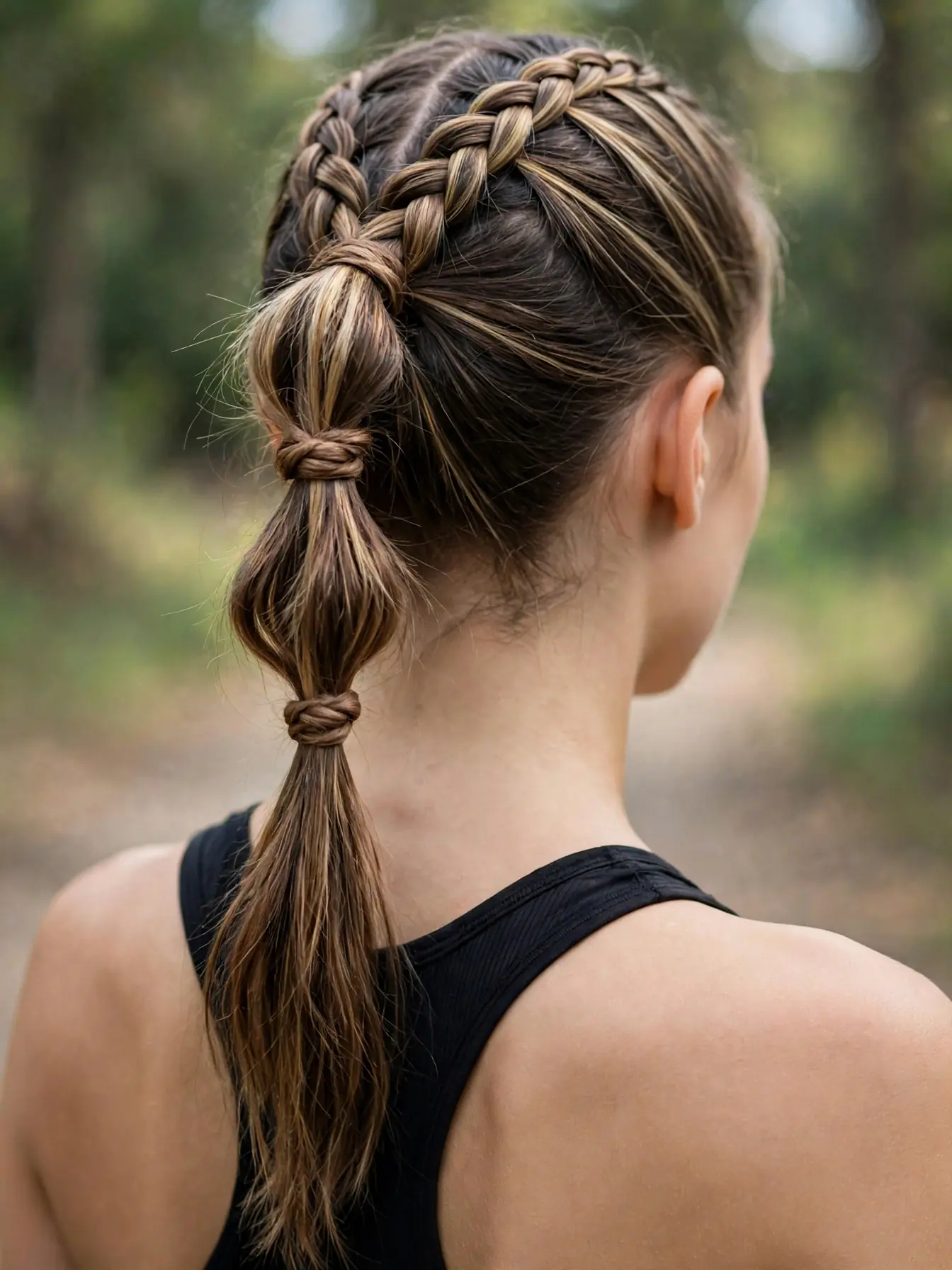 Dutch braid feeding into a knotted ponytail on dark-blonde hair