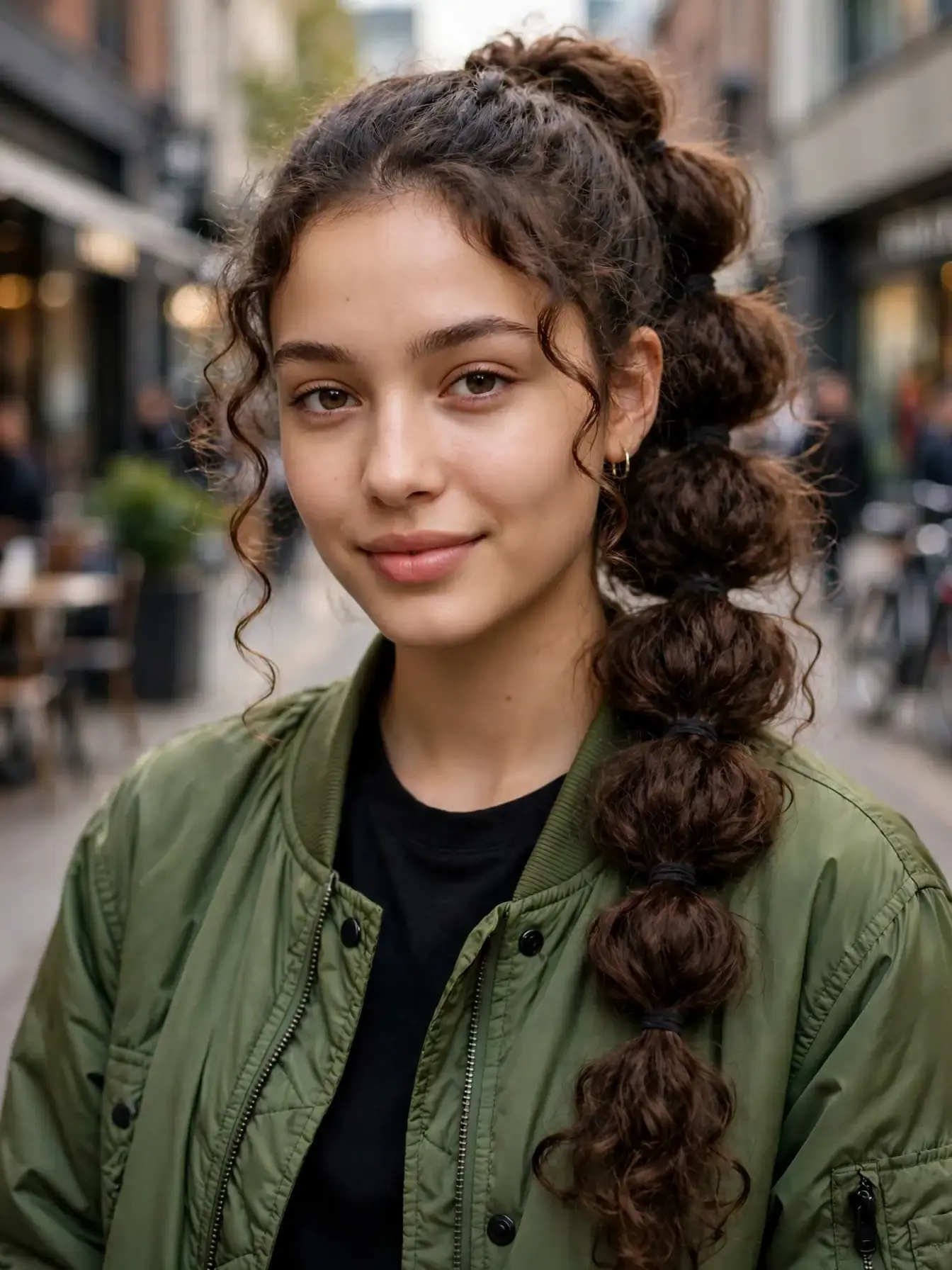 Bubble braids on long curly hair