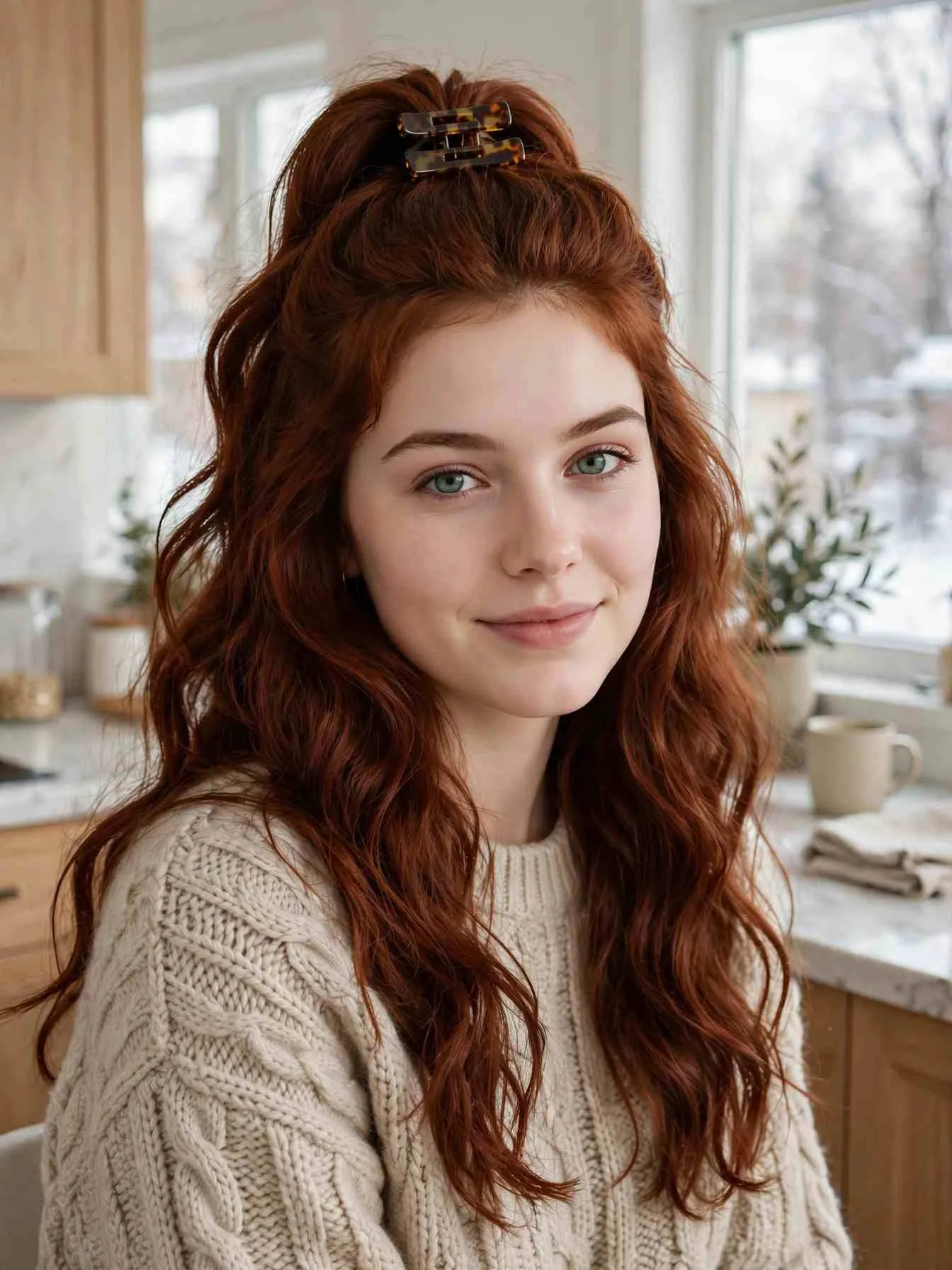 Thick auburn hair in a half-up style secured with two small tortoiseshell claw clips.