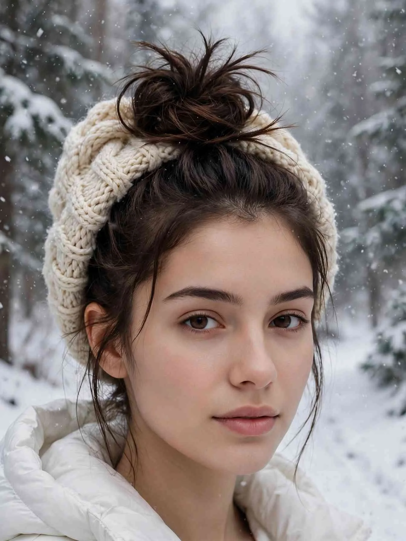 Compact high messy bun with a cream knit beanie worn behind it, snowy forest