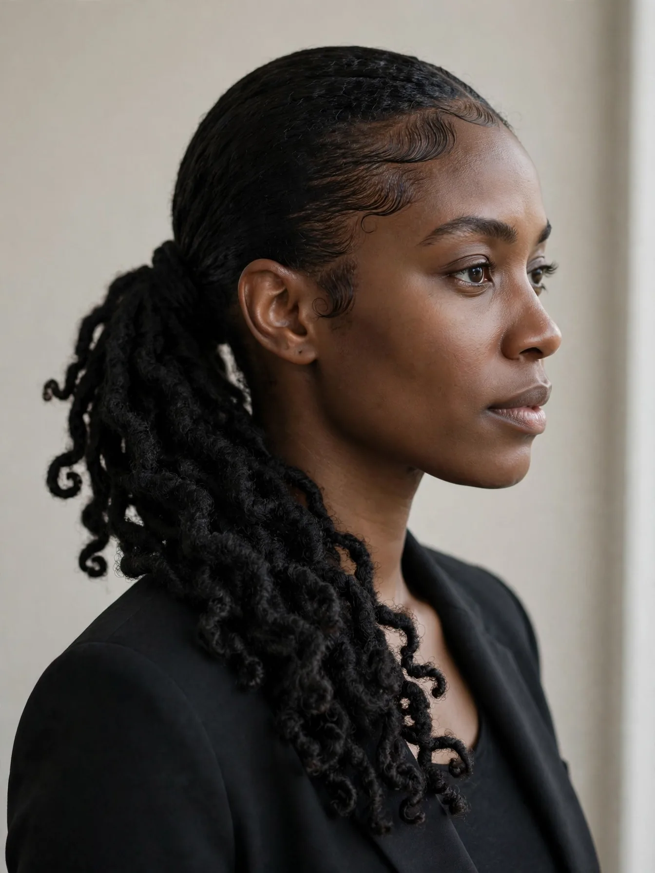 Side view of a low sleek ponytail made from black butterfly locs