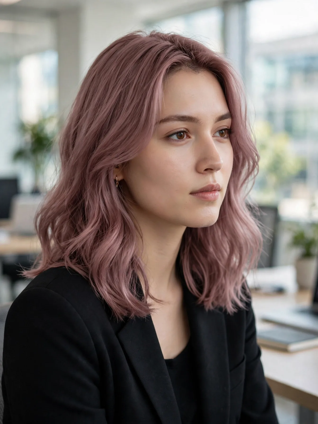 Soft muted mauve-pink waves worn to the office with a smart blazer in bright daylight.