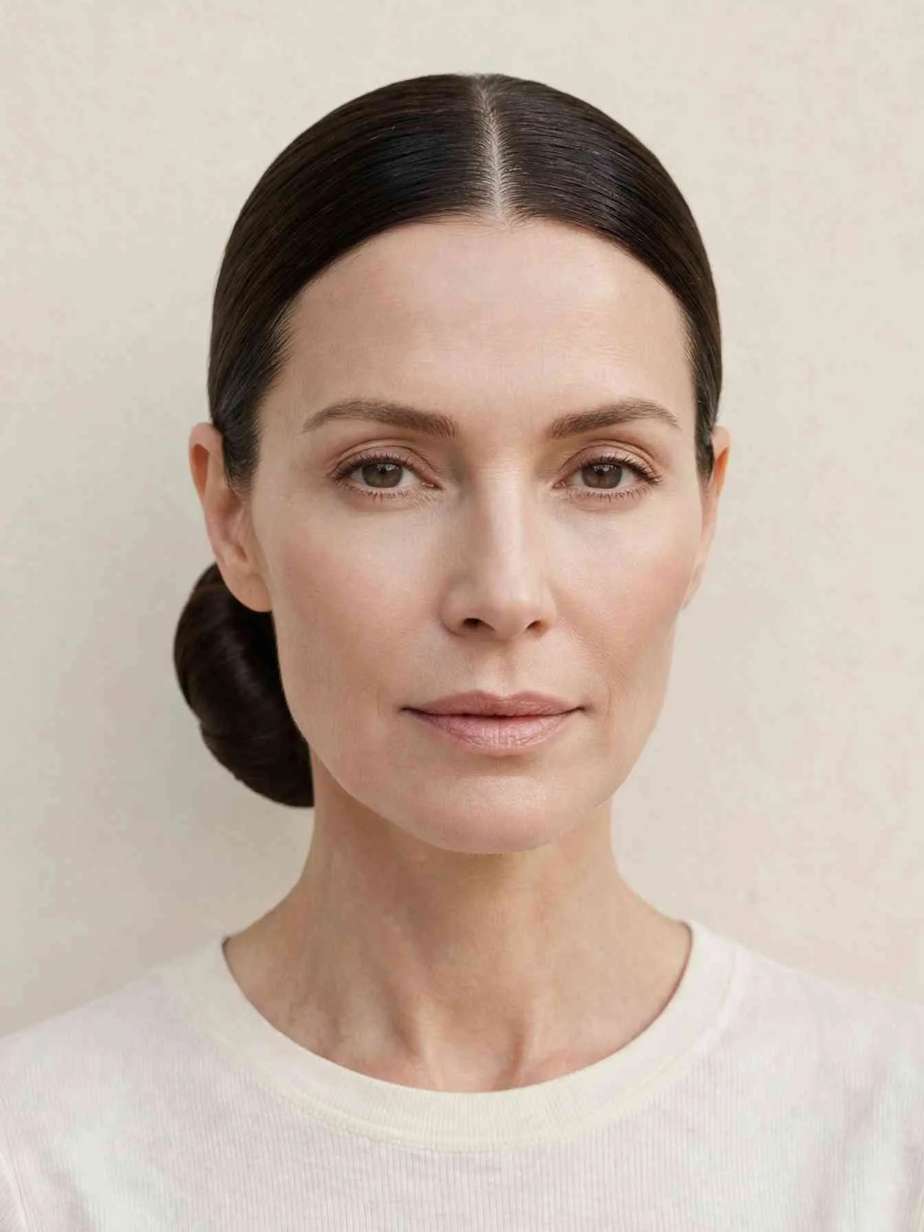 Glass-smooth center-parted hair in a neat low bun, front portrait