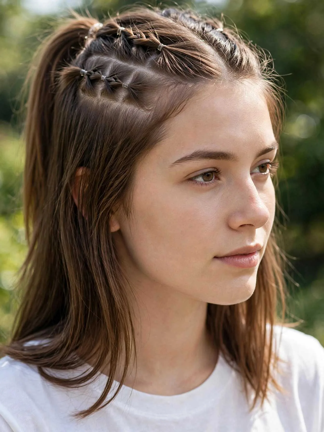 Half-up hairstyle with tiny micro braids running from the part line