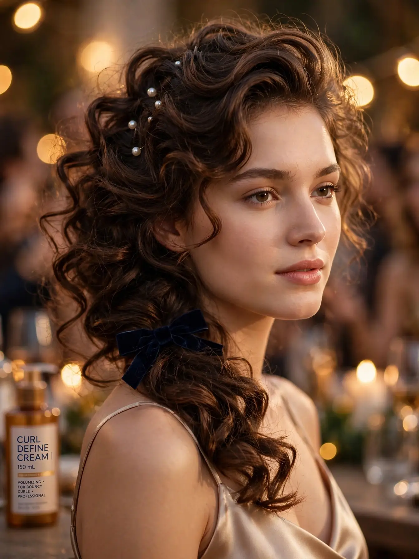 Side-swept glam curls with pearl pins and navy velvet bow