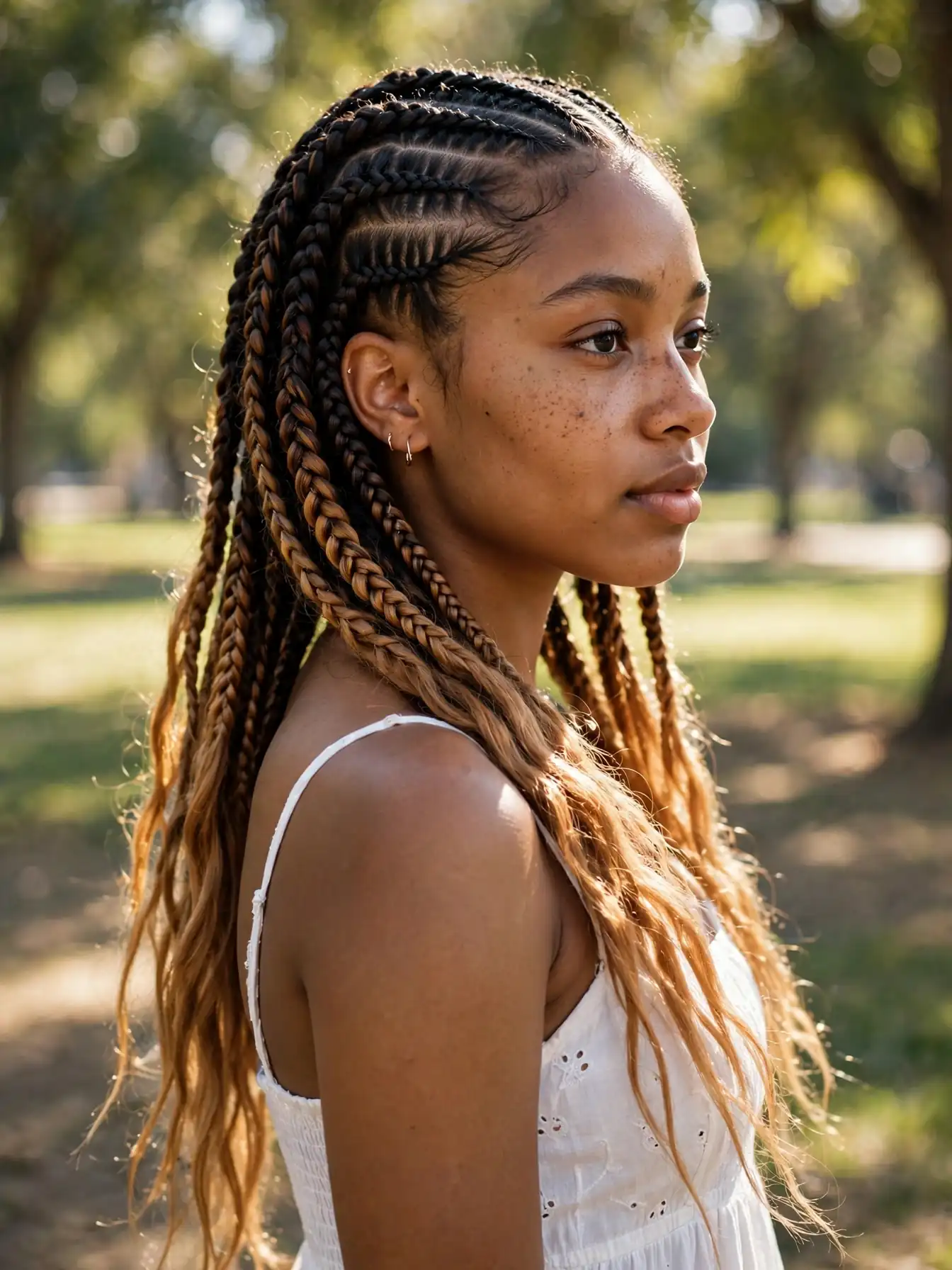 Ombre sew-in braided leave-out hairstyle fading from dark roots to caramel ends