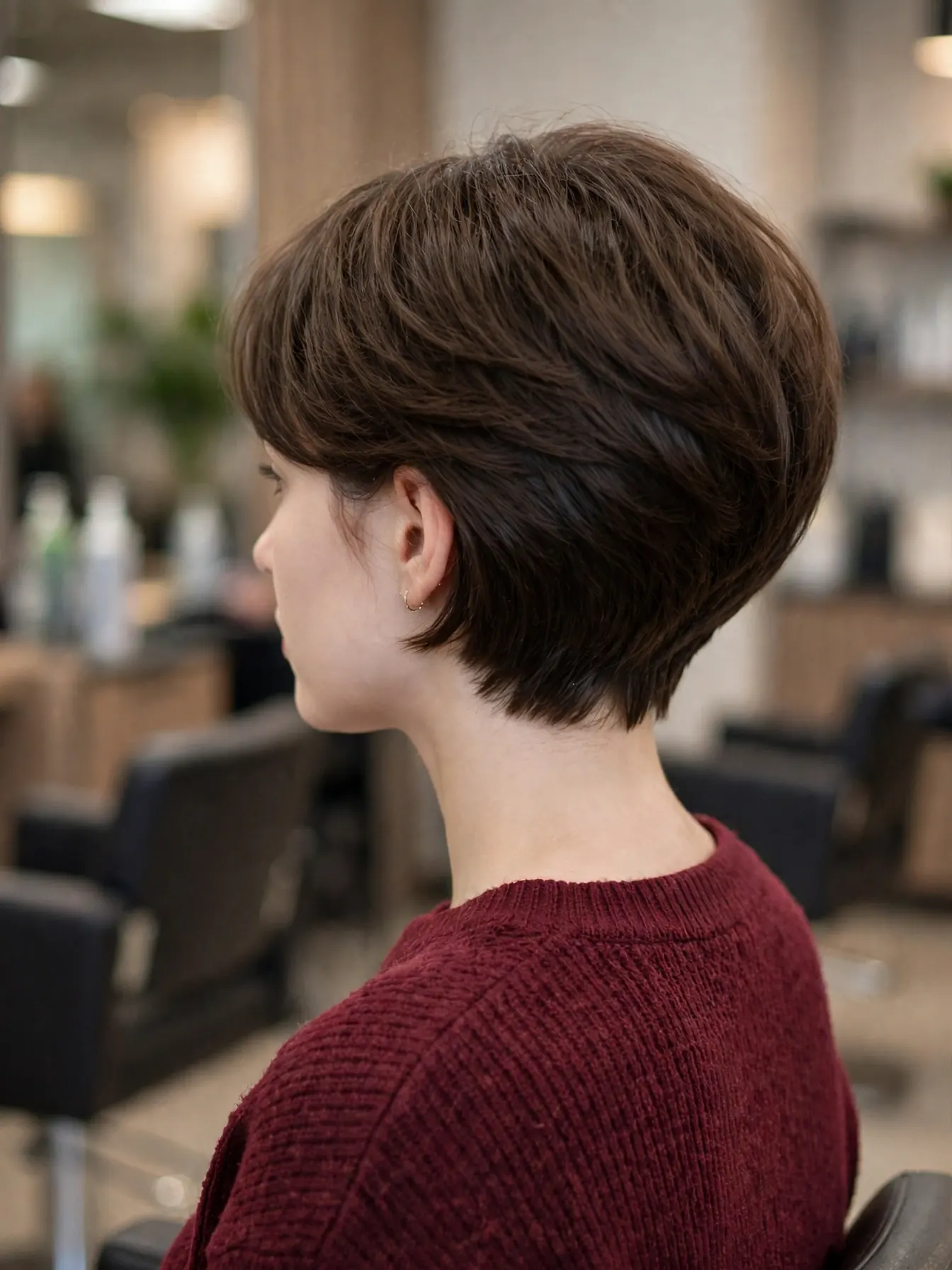 Stacked winter bob with graduated back layers building a rounded crown of volume